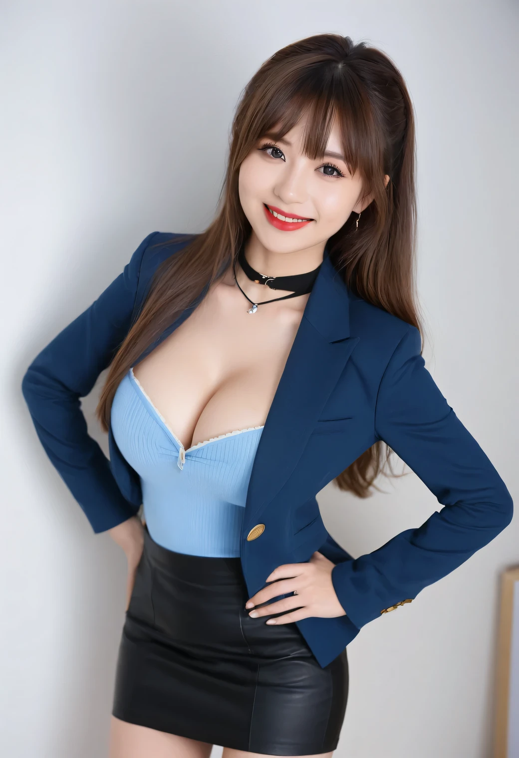 score_8, score_9, Highest quality, masterpiece, Long Hair, Brown Hair, sexy, beauty secretary, ((Light blue tight shirt、Navy blue blazer、Flared mini skirt)), Nipple piercing, Nipple piercing, Cowboy Shot:1.3, Adorable, smile, ((Slim face, Slim body, Sloping shoulders)),Perfect hands,Black choker、Blue color contact lenses、bangs、very long eyelashes, bushy eyelashes, ((Big Breasts)), Dependents, Big Breasts, Red lipstick、office, Anatomically correct