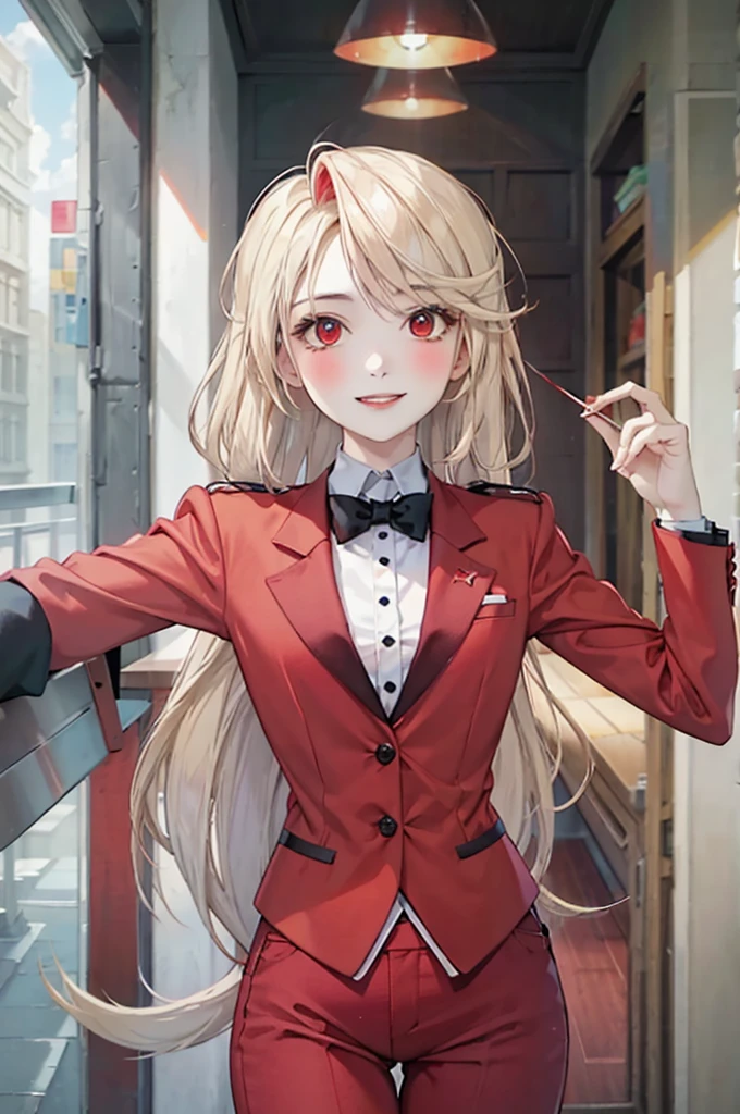Charlie Morningstar, by the wide, Red suit, Red pants, 1 girl, yellow sclera, by rubio, White skin, perfect anatomy, smiling