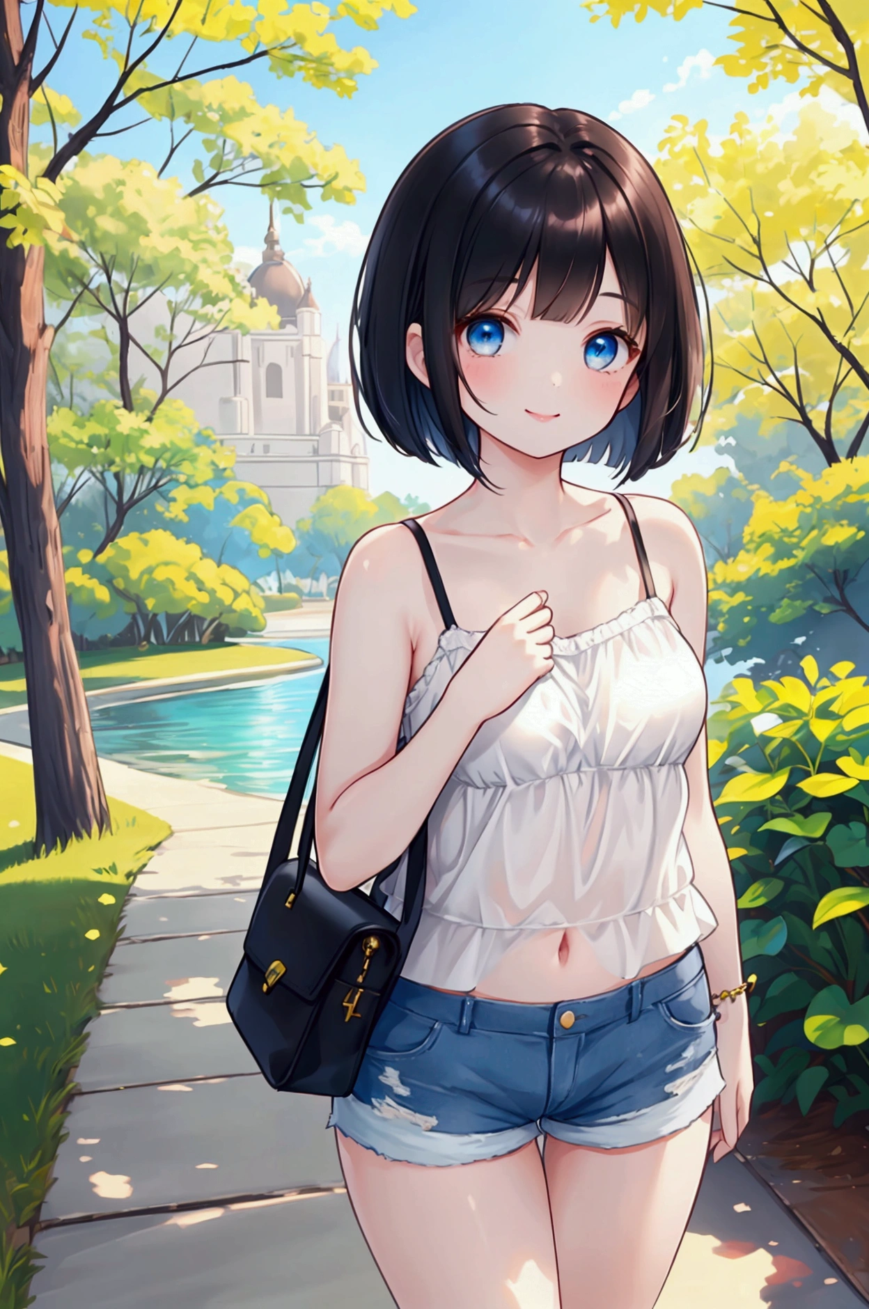 Photorealistic、Highest quality、Highest Resolution、Highest quality、8K、One beautiful woman、Cute face、Bob cut hair、Dark Hair Color、Pale blue eyes、Beautiful breasts、camisole、Shorts、smile、Walking in the park、