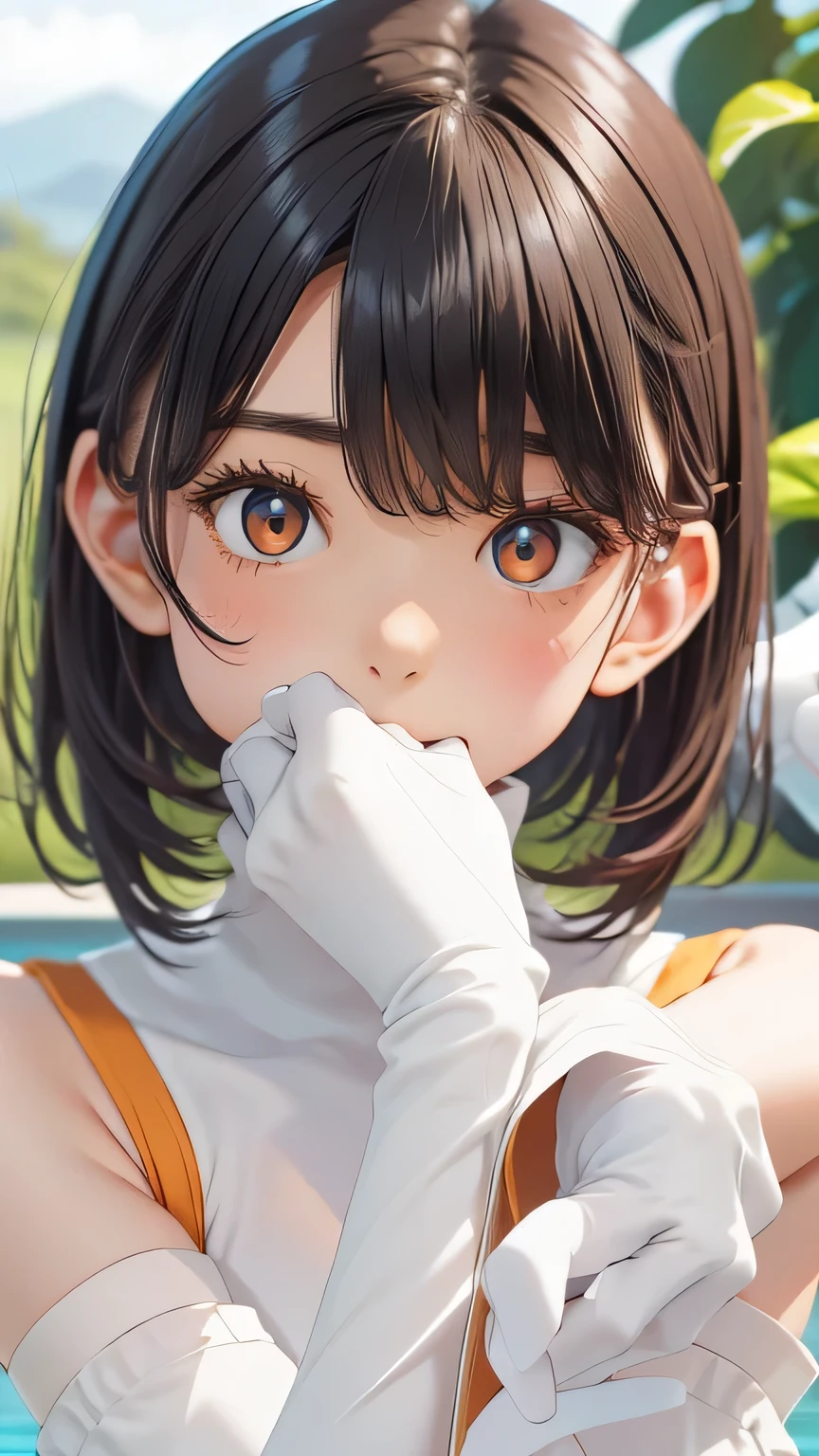 Highest quality、Realistic、woman、zoom、Orange eyes、Very short black hair、White nano bikini、thin、Large Breasts、Sunburn。Dark Skin、、White Long Gloves、White long boots