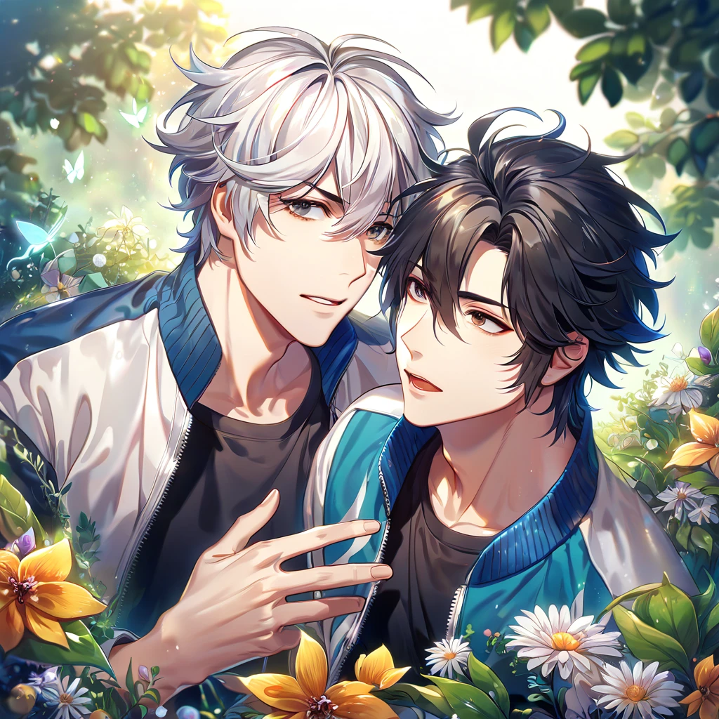 absurdres, highres, ultra detailed, HDR, master piece, best quality, extremely detailed face, delicated features, Lu Guang, white hair, messy hair, short hair, expressive gray eyes, Shíguāng Dàilǐrén, Cheng Xiaoshi, black hair, fuffly hair, expressive brown eyes, two sexy men together, yaoi, gay couple, handsome, white coat, black T-shirt, blue letterman jacket, fantasy, magical, butterflies, summer, green leaves, flowers, water