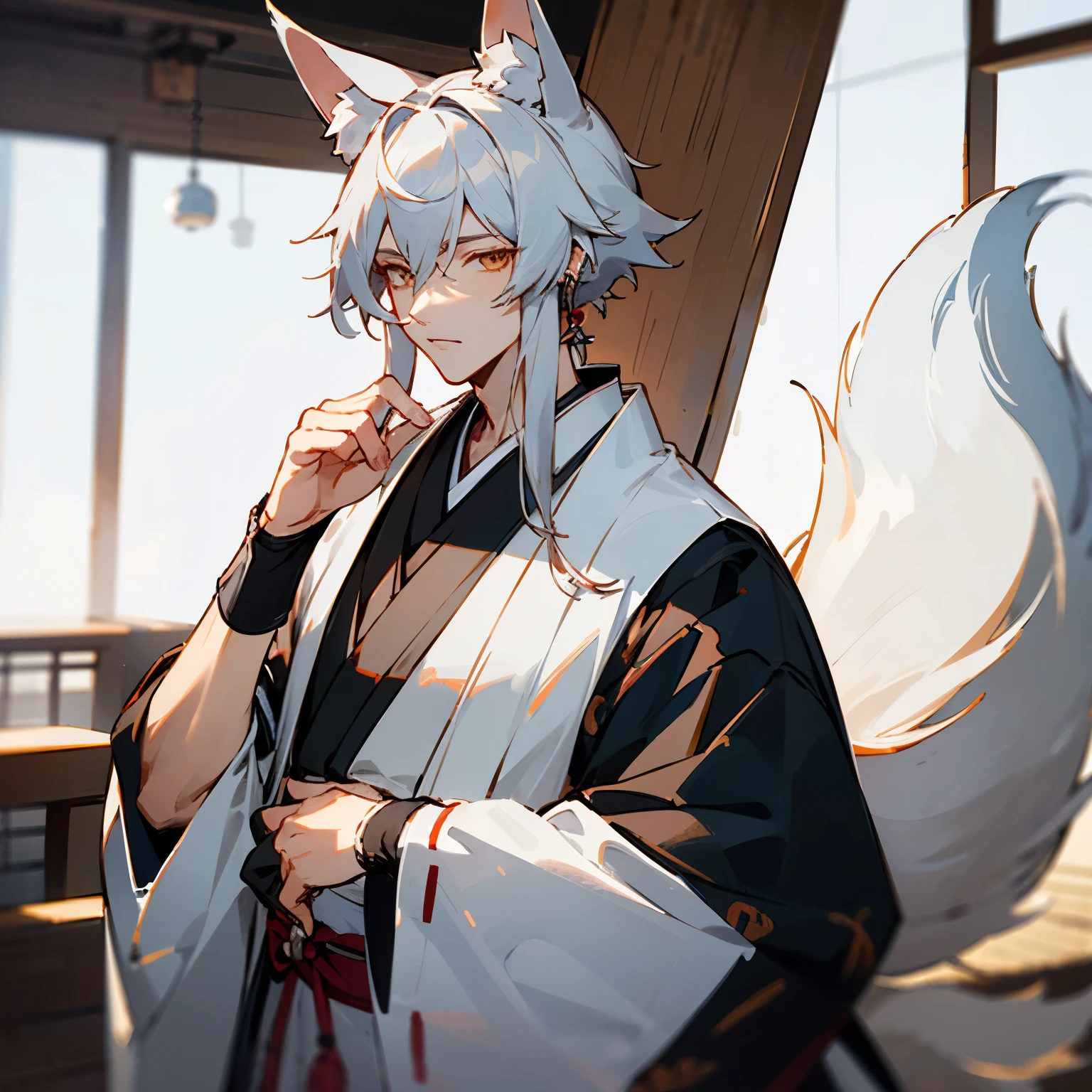 ((best quality)), ((masterpiece)), (detailed), 1male, handsome, silver hair, fox ear, fox tail, japanese cafe, Male、handsome、Silver Hair、Fox ears、Fox's Tail、Studying at an old folk house cafe