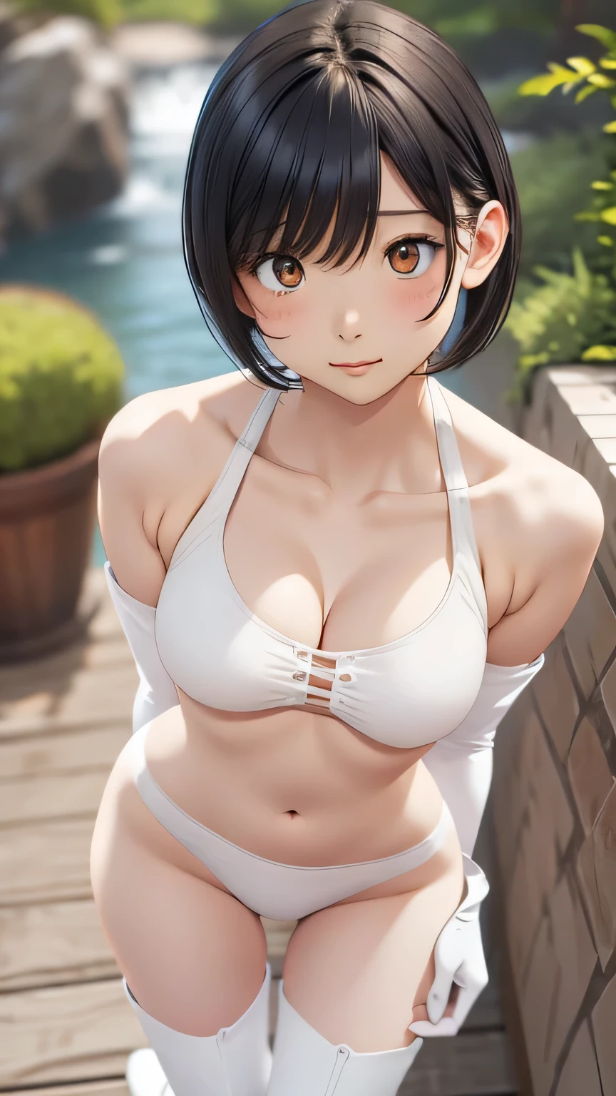 Highest quality、Realistic、woman、zoom、Orange eyes、Very short black hair、White nano bikini、thin、Large Breasts、Sunburn。Dark Skin、、White Long Gloves、White long boots