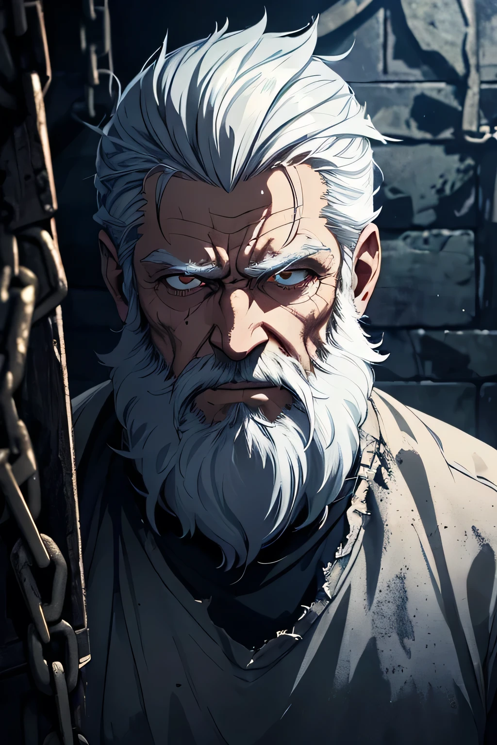 55-year-old man with white hair and beard, and disheveled, imprisoned by chains in a dungeon in the castle, dark surroundings, torch light. Looking at the camera with an angry look, dirty and torn clothes, toothed man imprisoned by chains, 