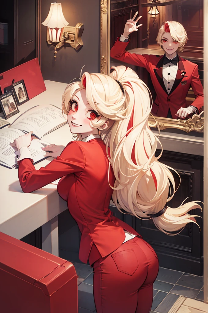 Charlie Morningstar, by the wide, Red suit, Red pants, 1 girl, yellow sclera, by rubio, White skin, perfect anatomy, smiling