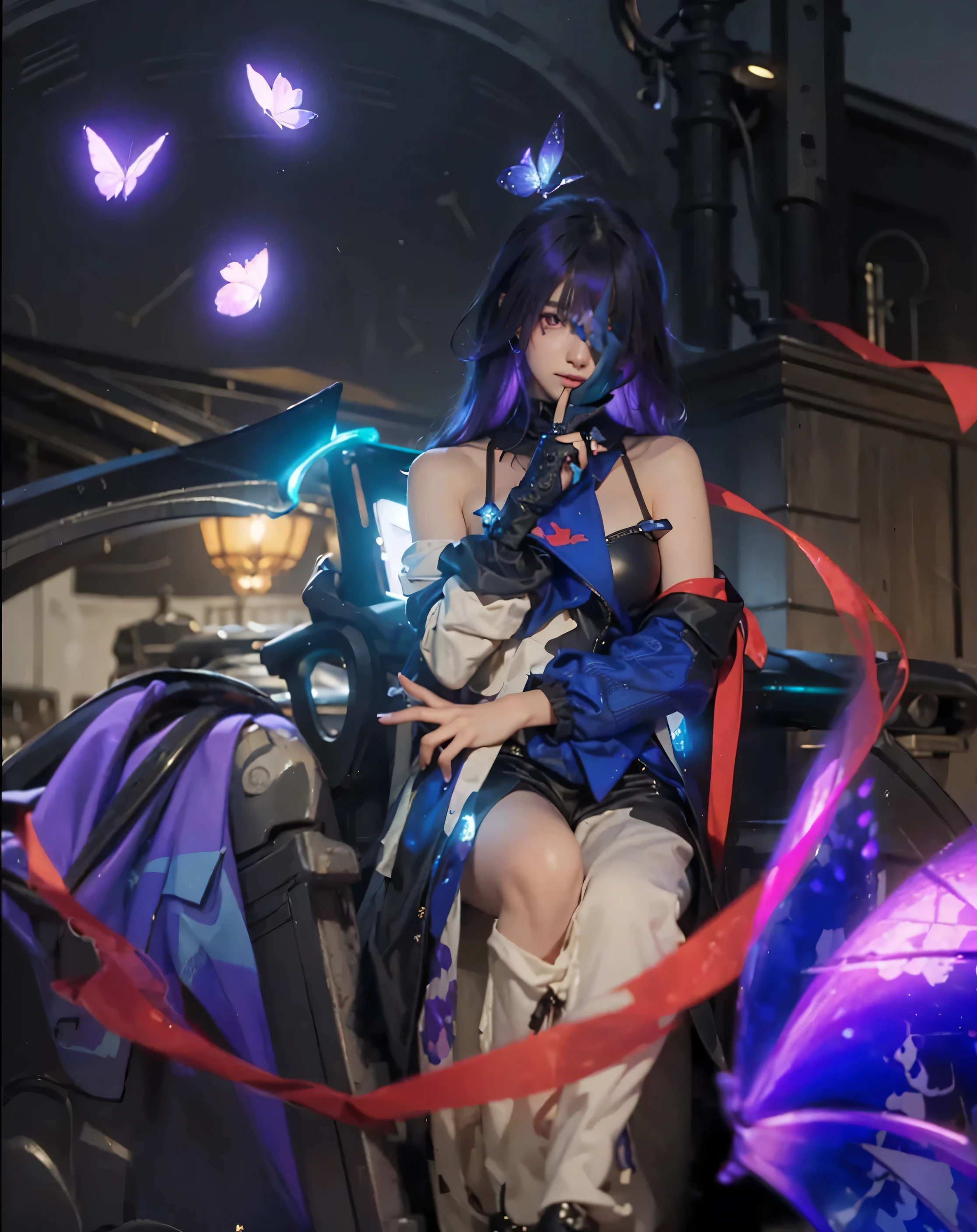 ((SEELE_HONKAI STAR RAIL)),((realistic, photorealistic)),(highlight hair)), Light reflection, (( HD )),((upper body)), (((best quality, masterpiece))), (masterpiece) (best quality) (detail) (8k) (HDR) (wallpaper) (cinematic lighting) (sharp focuasterpiece, best quality: 1.1), Real life adaption of this character, Shining green eyes, realistic outfit, realistic shadow, realistic light, realism, hyper realistic, realistic background,Realistic hair, realistic hair at the back,(photorealistic:1.2),(masterpiece:1.2, best quality), (ultra-detailed), (illustration), (ultra highres), (delicate illustration), (hyper-detailed), (super detail:1.3), professional lighting, cinematic lighting, (nostalgia and peacefulness:1.3), professional (landscape painting) of nature, best quality,masterpiece,high quality,real,realistic,super detailed,full detail,8K,masterpiece, best quality, SeeleV4, 1girl, solo, ((black sweater, black pants, ankle boots, long coat, black coat)), hands in pockets, smile, sitting, outdoors, city street,(Dumb Vector image:1.3) of (Detailed illustration:1.3),(Guilty:1.3) A photo of a girl, seele hsr, 1girl, long hair, bangs, solo, hair between eyes, looking at viewer, purple hair,(Flat style:1.3),Illustration,Behance,(Muted Colors:1.3), shiny, shiny hair, shiny skin, shiny clothes,Night background, underworld background,Flying red shawl, purple butterfly, glow effect, butterfly foreground,Sit down,