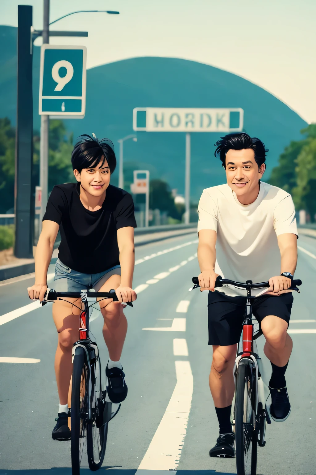 Draw in cartoon style，Man in his 40s，２people，They are riding bikes.Running on the road in the evening，There is a road sign in the background，ＴWearing a shirt.Speeding，Black Hair，Leaning your body as you drive around a curve