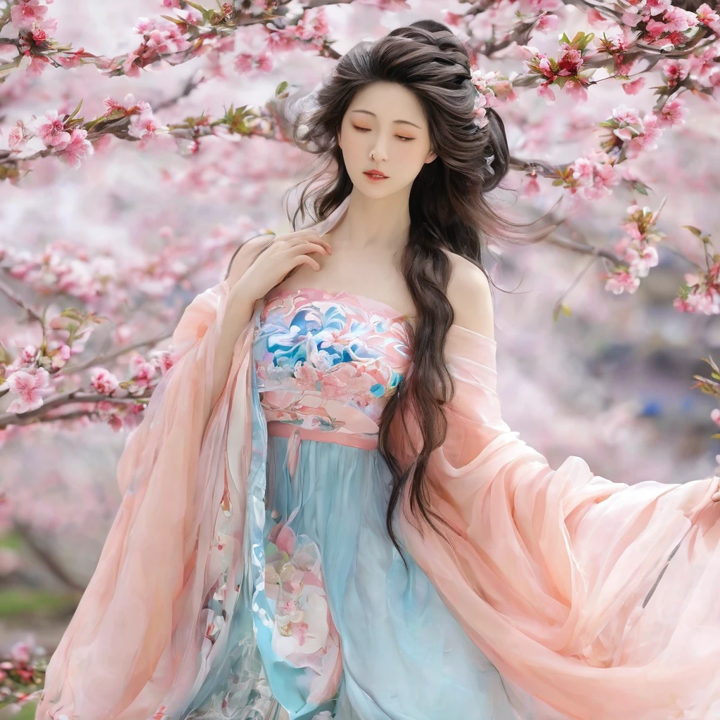 best quality,masterpiece,Ultra-high resolution,(photoactual:1.4),,Peach blossom tree（background）,20 years old ,Peach Blossom Goddess（Japanese Girls）,Long hair with a shawl,close eyes,Sexy body,Big breasts,Wearing a peach blossom strapless skirt,坐在Peach blossom tree上,Kissing a peach in hand,