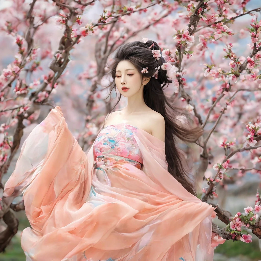 best quality,masterpiece,Ultra-high resolution,(photoactual:1.4),,Peach blossom tree(background),20 years old ,Peach Blossom Goddess(Japanese Girls),Long hair with a shawl,close eyes,Sexy body,Big breasts,Wearing a peach blossom strapless skirt,坐在Peach blossom tree上,Kissing a peach in hand,