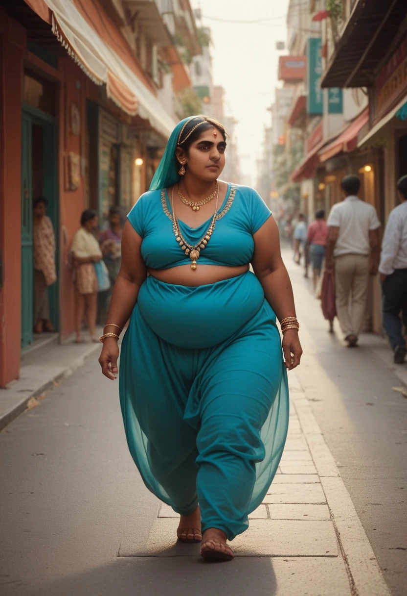A very obese woman , walking on the street in india