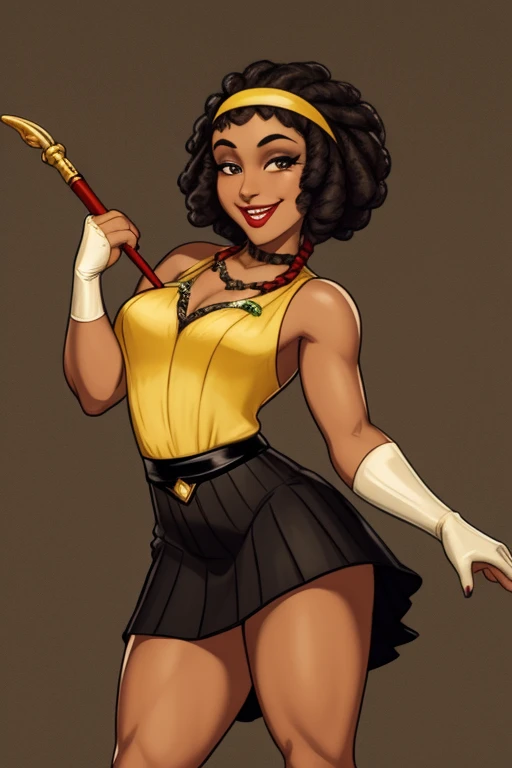 Arafed wife in a flappper costume holding a wand and wearing a headband, flapper, roaring 20s, fancy, high quality costume, roaring twenties, art deco, jazz age, short black skirt, 1920s style, black woman, mulatto, Brunette, image of ,fuly body, afro hair falling forward, Rasta braid