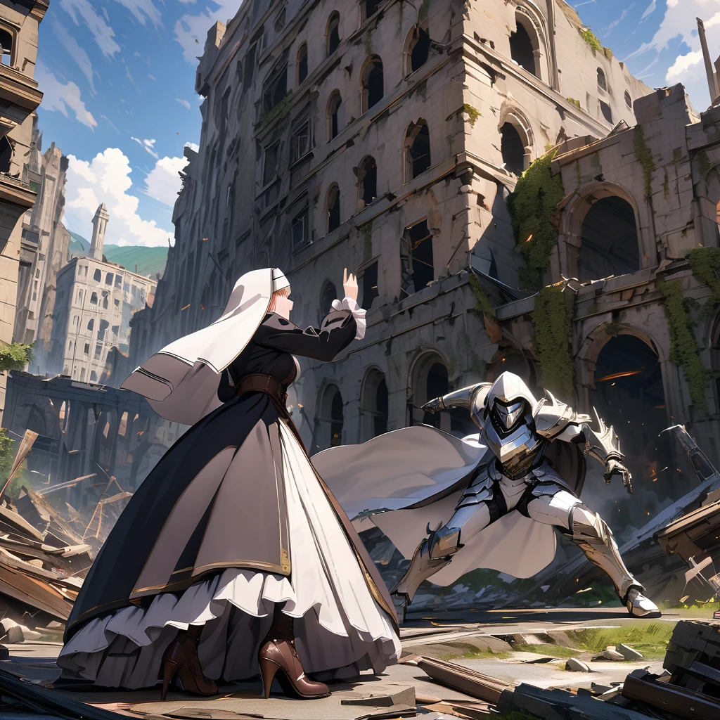 Nun fighting a white monster, ruins, detailed background, detailed depiction, 4K, UHD, absurd, ultra-high quality, masterpiece,