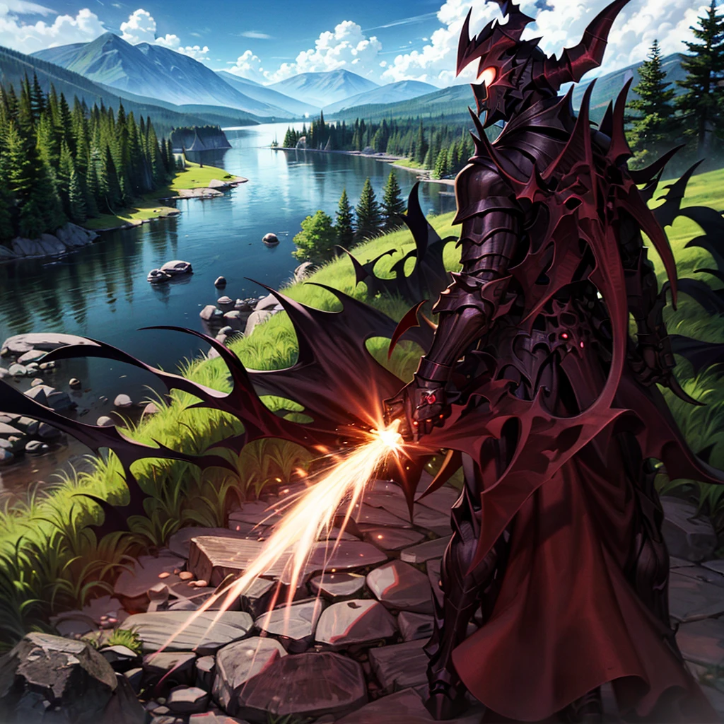 monster, black armor, helmet with horns, red glowing, blue sky, bracelet, bush, coral, day, fish, forest, grass, jewelry, lake, mountain, nature, outdoors, overgrown, palm tree, plant, river, rock, scenery, sky, solo, tree, vines, watch, water, waterfall,
