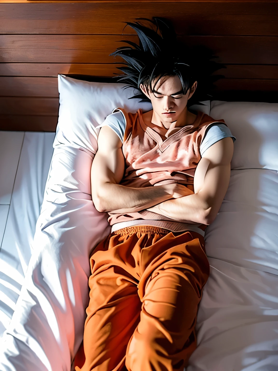 (Meat quality:1.2, masterpiece:1.2), ((1man)), professional lighting, cinematic lighting, realistic & detailed portrait of Son Goku, DBZ, well-composed artworkA proud epic character and a beautiful, realistic scene behind the scenes. Get ready for a visual feast with the handsome 20 year old God Goku with symmetrical red eyes, a handsome face, simple detailed dark blue clothes, a good body, In his transformed state, wearing orange clothes, bare foots, (ultra realistic & detailed attic room, pink painted wall:1.35, opened bay window with curtain, wooden floor), view ocean & palms trees via bay window, (sleeping on the bed, closing eyes, put blanket on his bodies, comfortable sleeping face), overhead view, bird eye’s angle, view her from directly above,