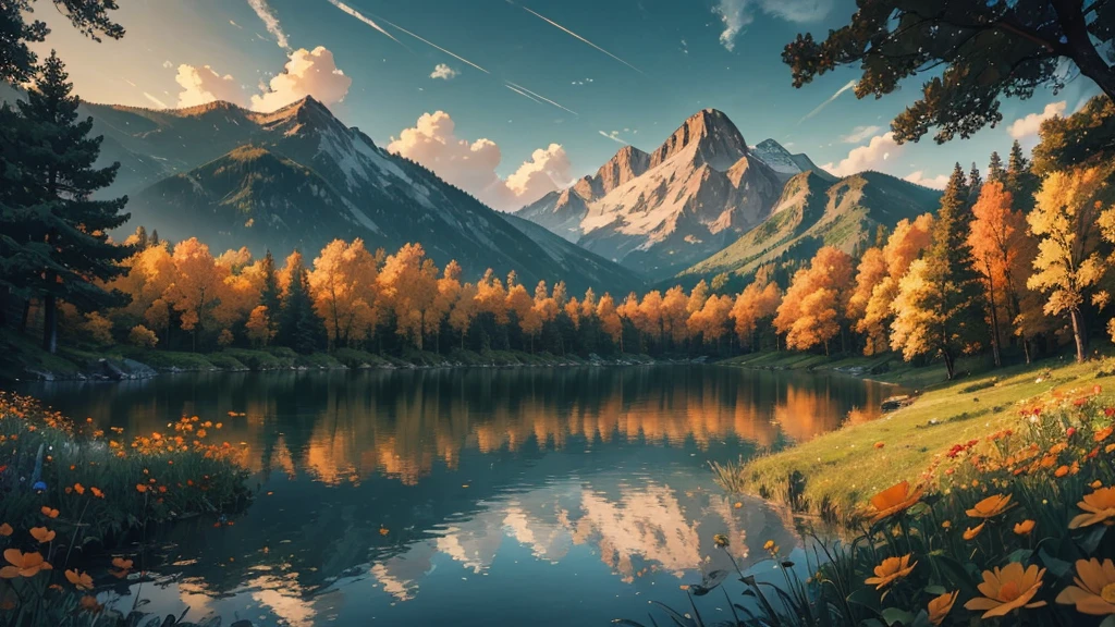 ((masterpiece)),((highest quality)),((high detail)),nobody, fantastic scenery, sunny, orange light, wideShot, lake, summer, forest, flower