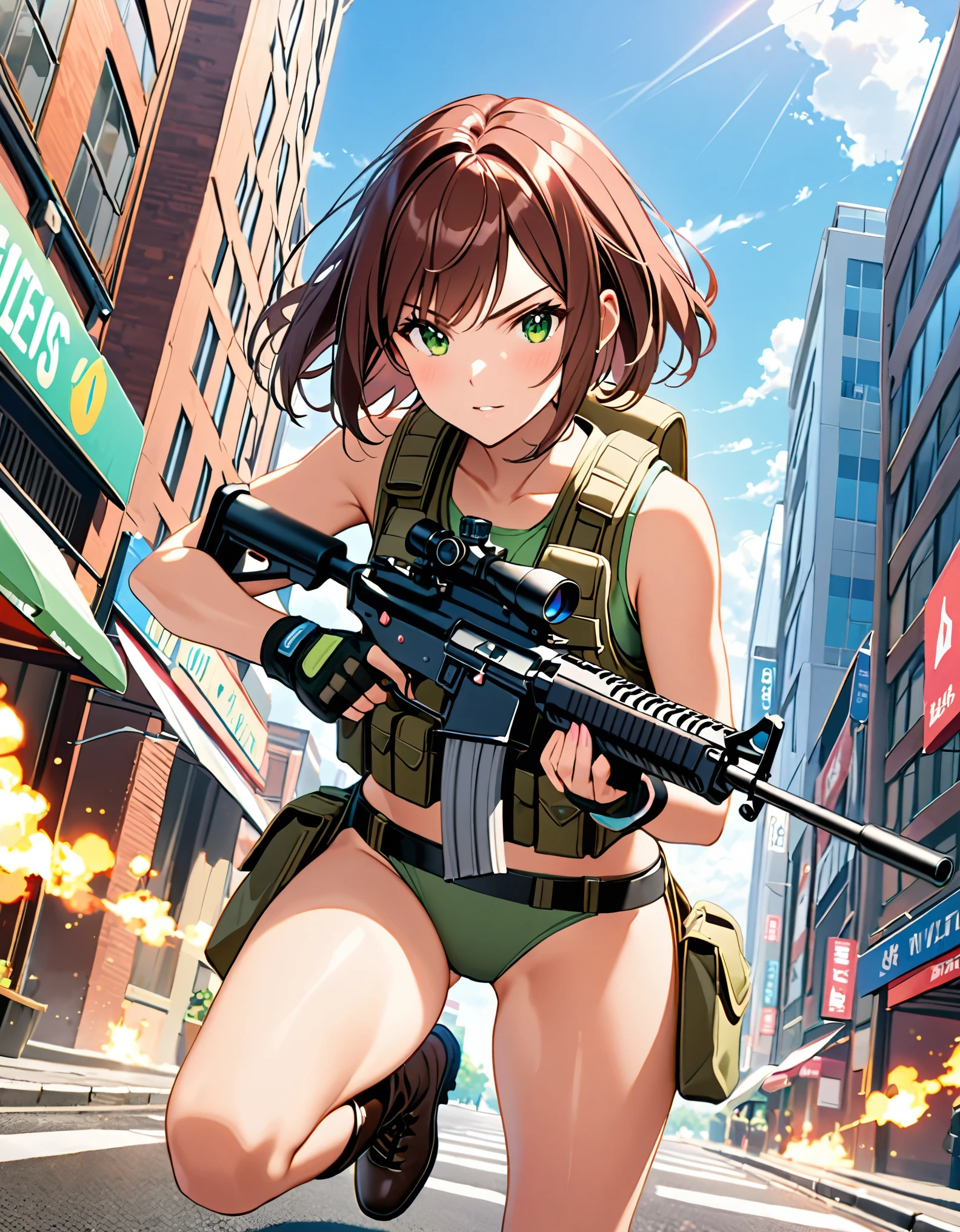 (best quality), (masterpiece), (hires), 1girl, solo, solo focus, (leotard), (bare legs), (boots), assault vest, holding and aiming an assault rifle, dynamic action pose, brown hair, bob hair, green eyes, fingerless gloves, (black boots).