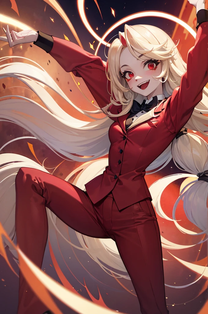 Charlie Morningstar, by the wide, Red suit, Red pants, 1 girl, yellow sclera, by rubio, White skin, perfect ???????, smiling