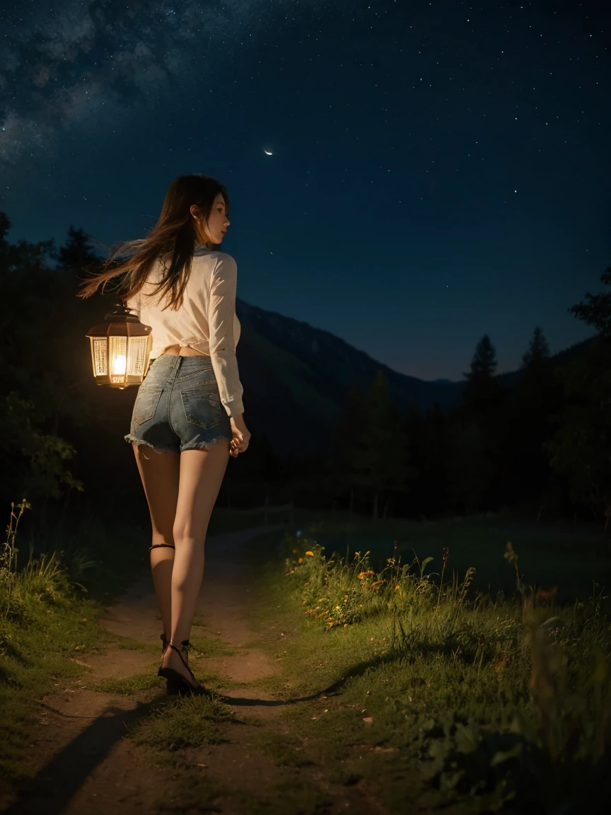a girl, (hand holding a lantern), walking in the field, it was dark, fireflies around.  She wears short country clothes, has a beautiful figure, beautiful breasts, and a beautiful butt. (full body shot), The night sky is full of stars.