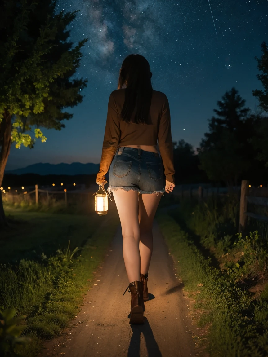 a girl, (hand holding a lantern), walking in the field, it was dark, fireflies around. She wears short country clothes, has a beautiful figure, beautiful breasts, and a beautiful butt. (full body shot), The night sky is full of stars.