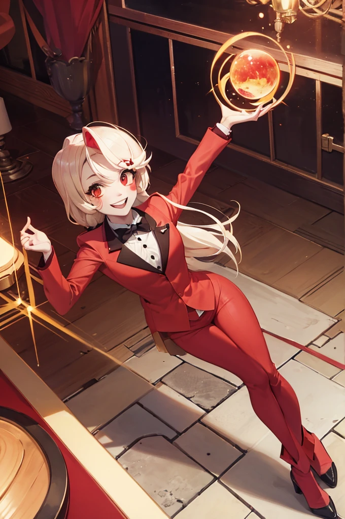 Charlie Morningstar, by the wide, Red suit, Red pants, 1 girl, yellow sclera, by rubio, White skin, perfect anatomy, smiling