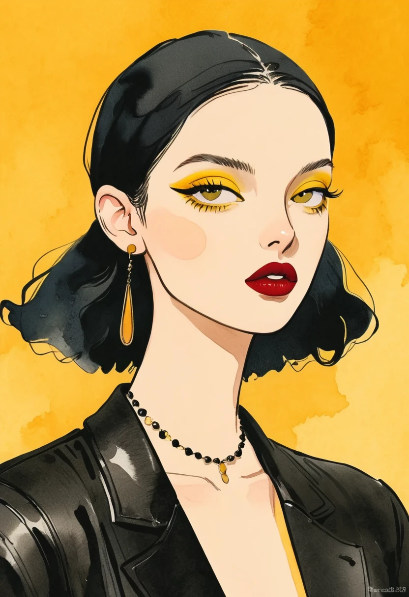 Bisset, illustration, Ink and watercolor, Yellow background, , 
1 Girl, （bald）、Solitary, Simple background, Background as symbol, Beautiful yellow lips, eyelash, cosmetic, traditional media, Lipstick, Eyeshadow, Eyes Focus,（Leather head）、