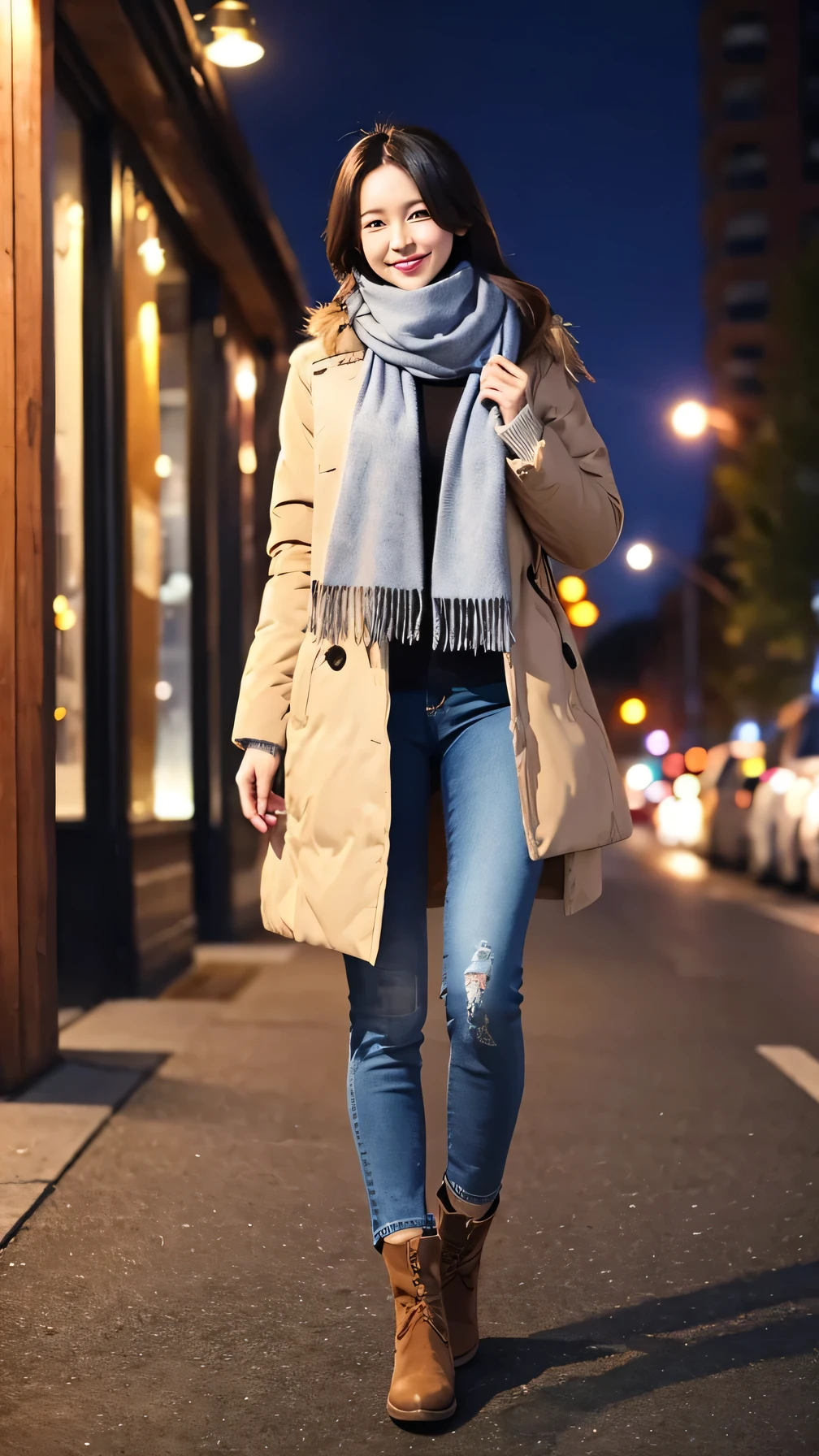 A woman wearing a down coat、Skinny jeans、boots、Scarf around the neck、Full body photo、Are standing、、smile、Background is a park at night。.
