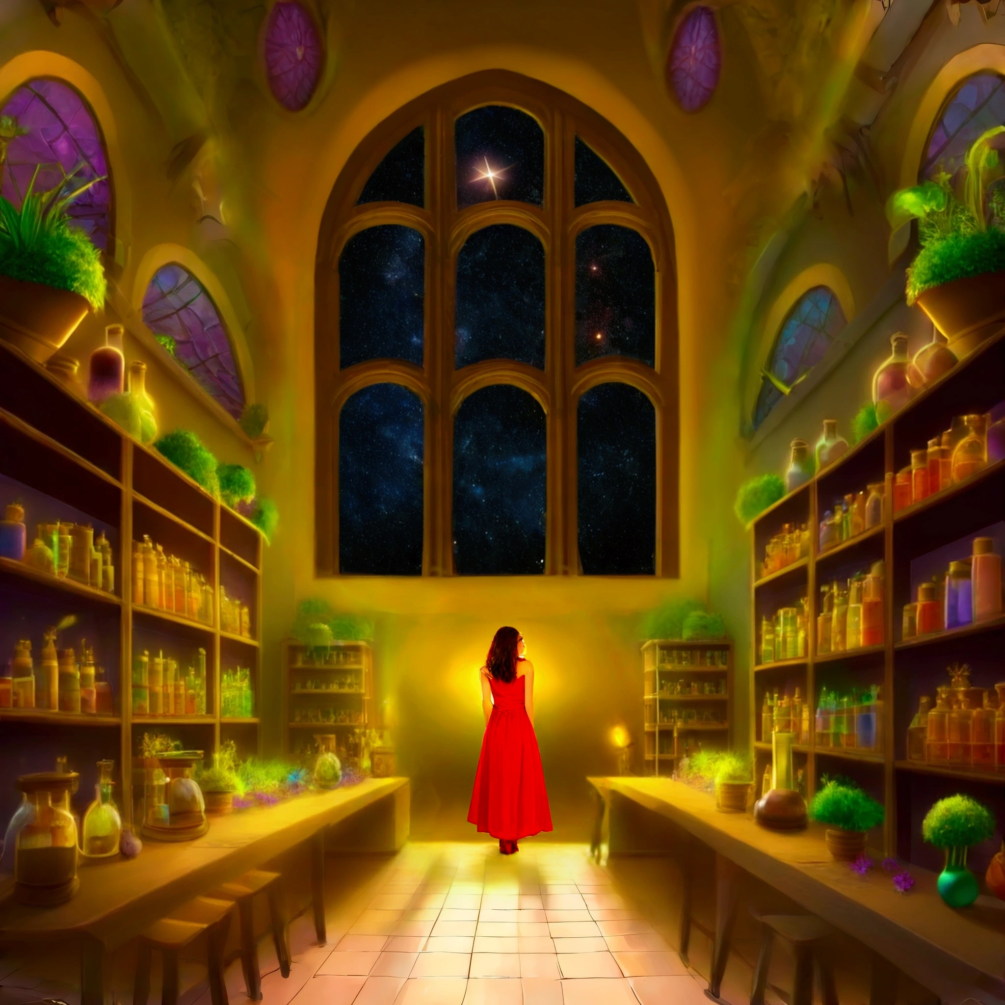woman in red dress looking at the window of starry sky blue purple nights, Magic colors, fantasy style