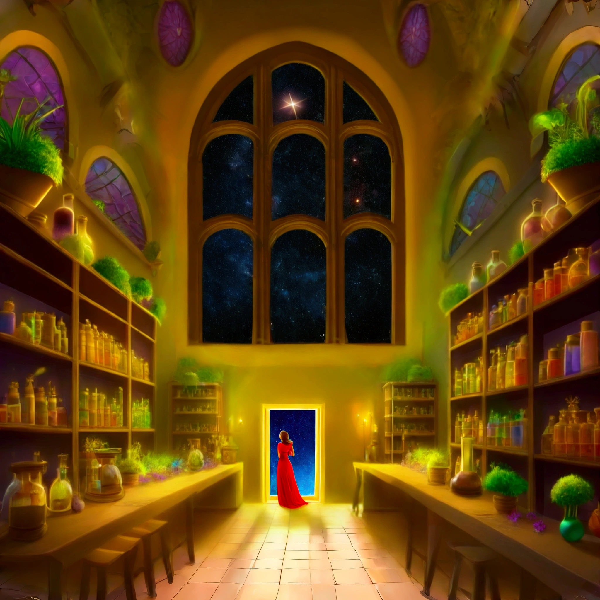 woman in red dress looking at the window of starry sky blue purple nights, Magic colors, fantasy style