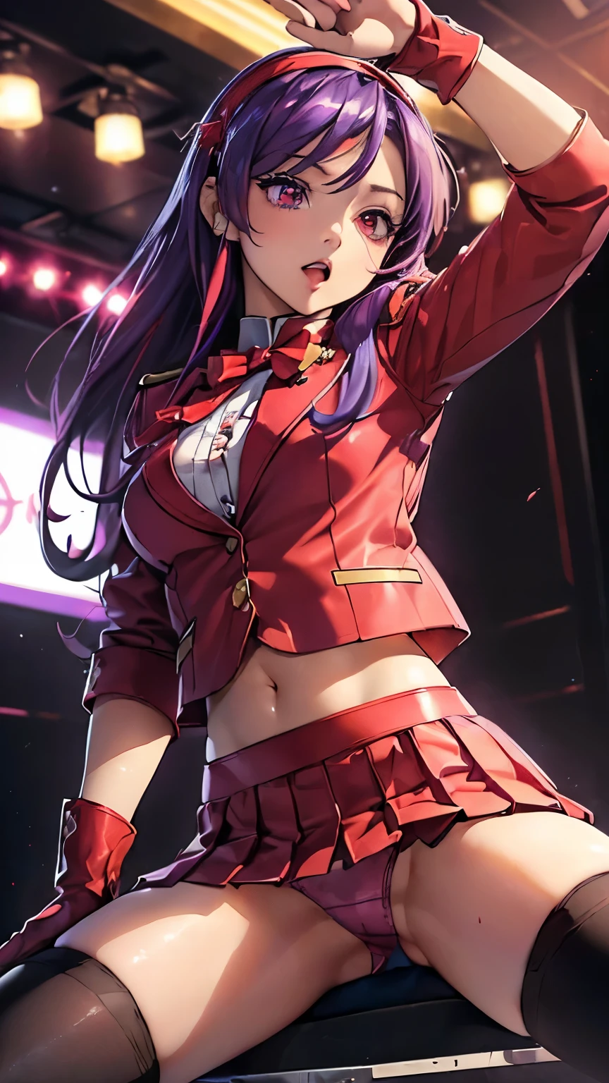 Athena Asamiya,((Beautiful purple long hair,Red headband)),(8k,Realistic,RAW Photos,Highest quality:1.75),Beautiful Face,Realistic lips,Beautiful and detailed hair,Charm,Intricate details,Very beautiful and detailed eyes,(Red Blazer Uniform,Pleated mini skirt,Red Gloves,Black Tin High Stockings:1.5),Intricate details,Supermodel,Super Idol,(Sing backwards:1.4),((Spread your legs and wiggle your hips:1.5)),(T-back panties are visible:1.3),((Sexy sink eyes)),A sexy wink at the camera,Beautiful buttocks,Detailed Pixels,Dynamic Angle,Professional Lighting,Pink lighting on stage