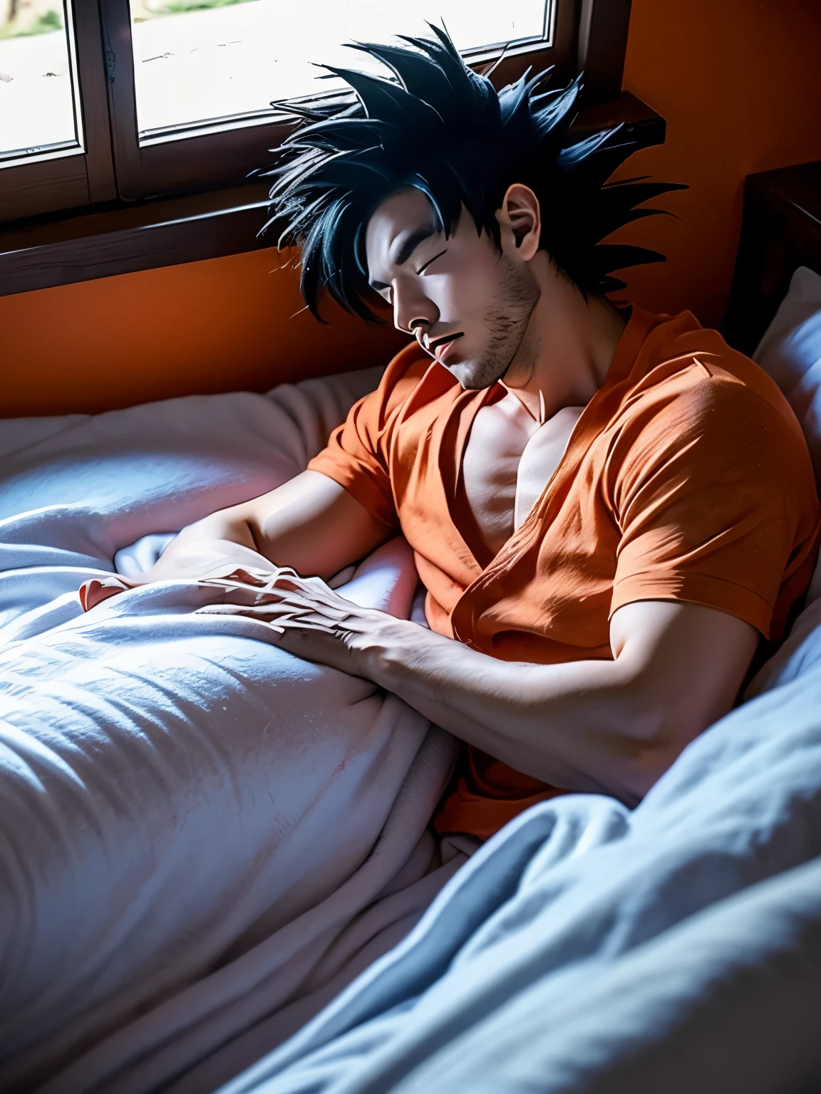 (Meat quality:1.2, masterpiece:1.2), ((1man)), professional lighting, cinematic lighting, realistic & detailed portrait of Son Goku, DBZ, well-composed artworkA proud epic character and a beautiful, realistic scene behind the scenes. Get ready for a visual feast with the handsome 20 year old God Goku with symmetrical red eyes, a handsome face, simple detailed dark blue clothes, a good body, In his transformed state, wearing orange clothes, bare foots, (ultra realistic & detailed attic room, pink painted wall:1.35, opened bay window with curtain, wooden floor), view ocean & palms trees via bay window, close up angle, zoom up angle, (sleeping on the bed, closing eyes, put blanket on his bodies, comfortable sleeping face), 