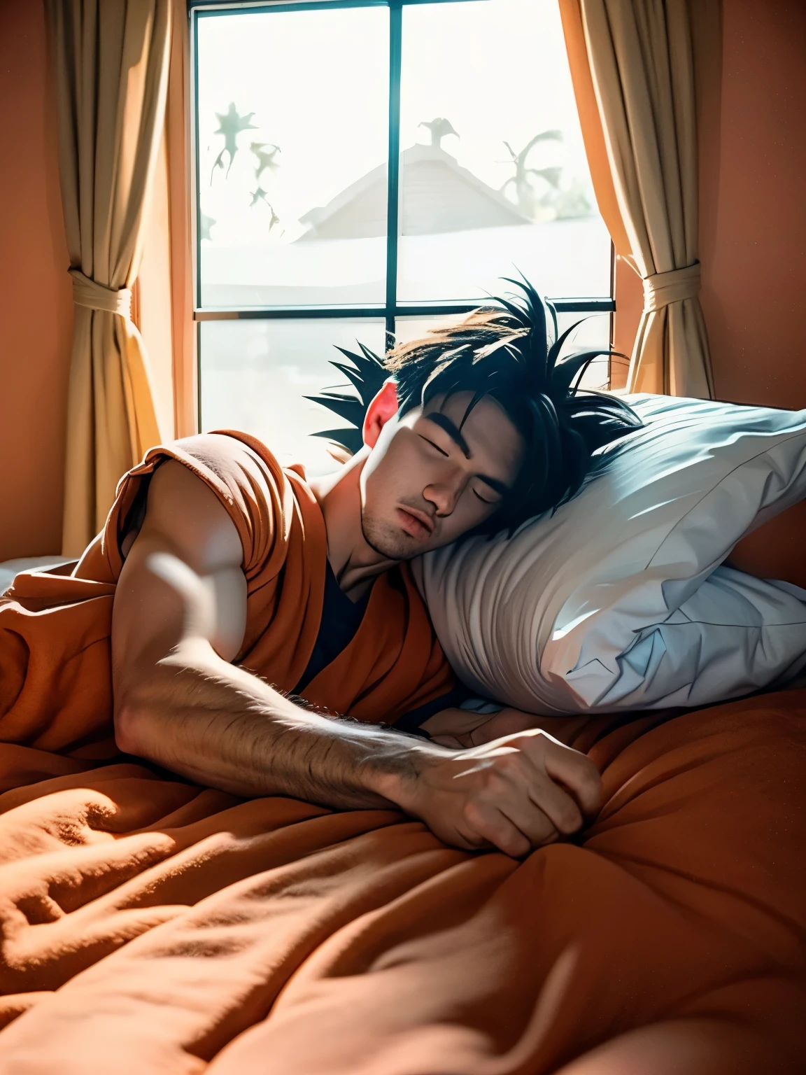 (Meat quality:1.2, masterpiece:1.2), ((1man)), professional lighting, cinematic lighting, realistic & detailed portrait of Son Goku, DBZ, well-composed artworkA proud epic character and a beautiful, realistic scene behind the scenes. Get ready for a visual feast with the handsome 20 year old God Goku with symmetrical red eyes, a handsome face, simple detailed dark blue clothes, a good body, In his transformed state, wearing orange clothes, bare foots, (ultra realistic & detailed attic room, pink painted wall:1.35, opened bay window with curtain, wooden floor), view ocean & palms trees via bay window, close up angle, zoom up angle, (sleeping on the bed, closing eyes, put blanket on his bodies, comfortable sleeping face), 