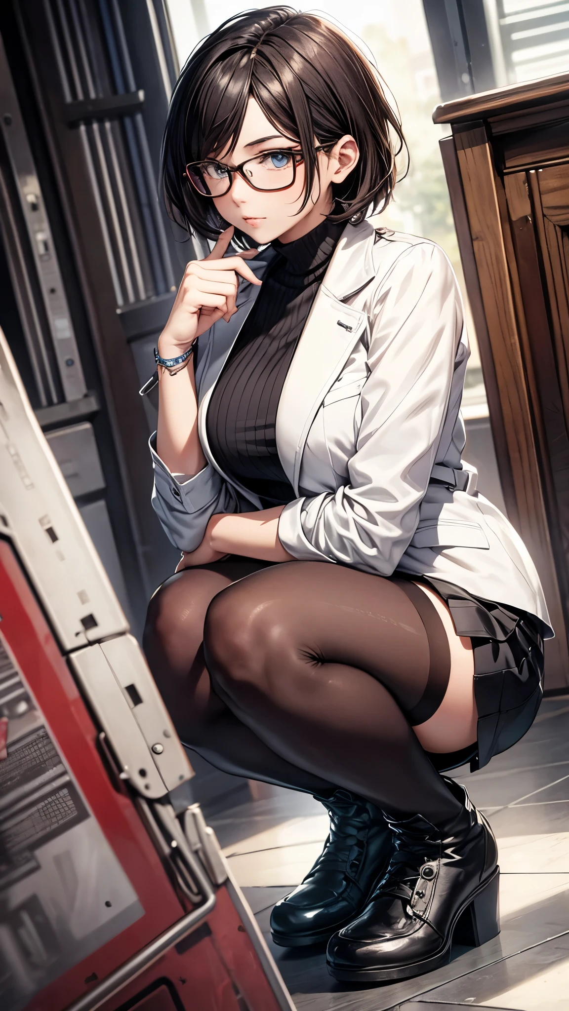 30-year-old woman,Very short hair,Glasses,office casual style,suit,Tight Skirt,pantyhose,((Knee-high long boots)),squatting.