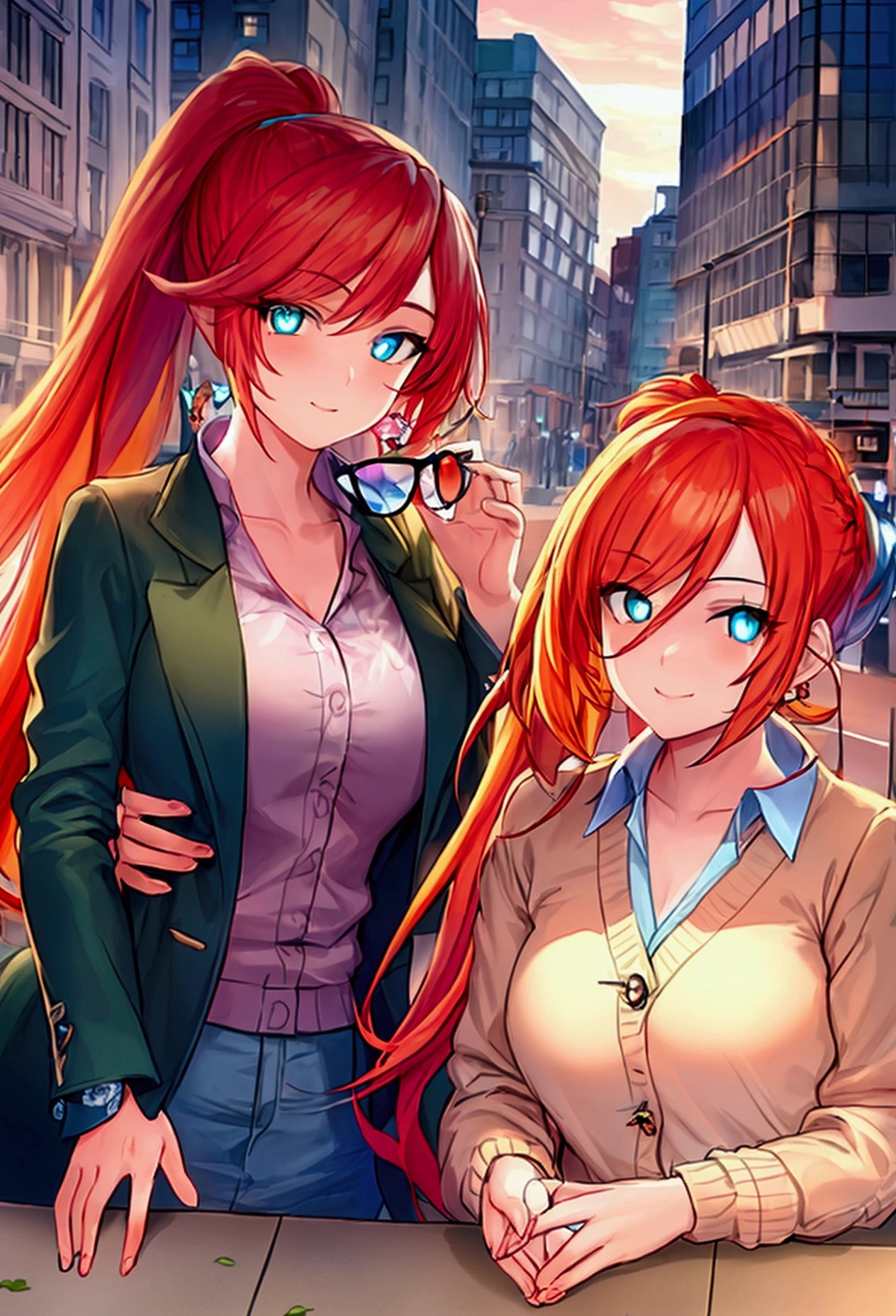 pokemonsonia, pokemonsonia, aqua eyes, heart, heart hair ornament, long hair, long sleeves, orange hair, side ponytail, swept bangs, smile,
BREAK aqua footwear, aqua nails, aqua shirt, brown coat, brown jacket, coat, collarbone, eyewear on head, jacket, long sleeves, orange-tinted eyewear, pants, ribbed shirt, shirt, sunglasses, tinted eyewear,
BREAK looking at viewer, (upper body:1.2),
BREAK outdoors, city, sky, sun,
BREAK (masterpiece:1.2), best quality, high resolution, unity 8k wallpaper, (illustration:0.8), (beautiful detailed eyes:1.6), extremely detailed face, perfect lighting, extremely detailed CG, (perfect hands, perfect anatomy) (full body).