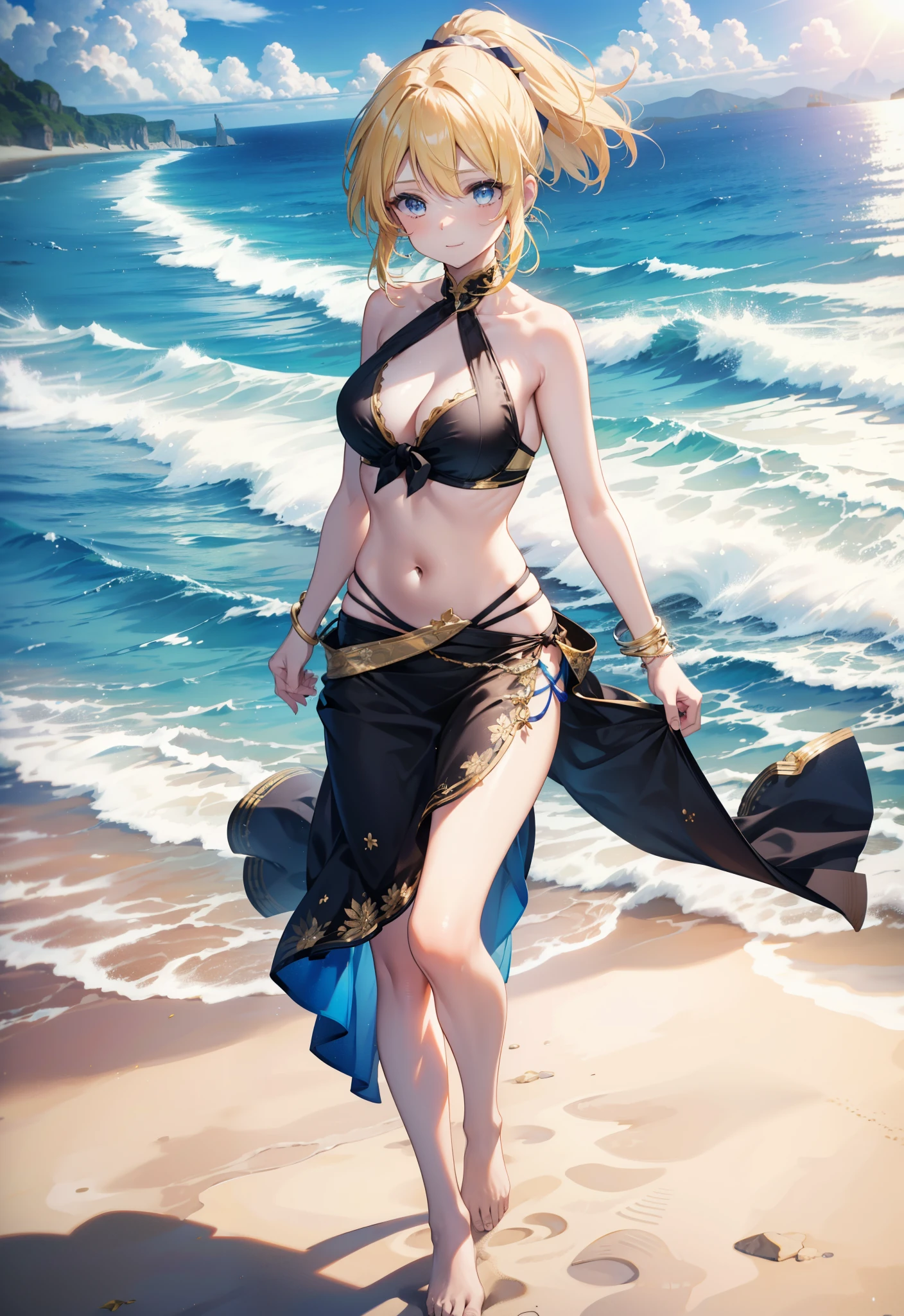 Eliase, catalyst, Yellow Hair, blue eyes, ponytail, Hair Ribbon, Open your mouth,clavicle,smile,Bikini Swimwear,barefoot,pararel, A thin skirt tied around the waist,belly button,abdomen, Dancer, gold belly Dancer,whole bodyがイラストに入るように,Stroll along the sandy beach,
break outdoors, Beach,
break looking at viewer, whole body,
break (masterpiece:1.2), Highest quality, High resolution, unity 8k wallpaper,, (shape:0.8), (Beautiful attention to detail:1.6), Highly detailed face, Perfect lighting, Extremely detailed CG, (Perfect hands, Perfect ),
