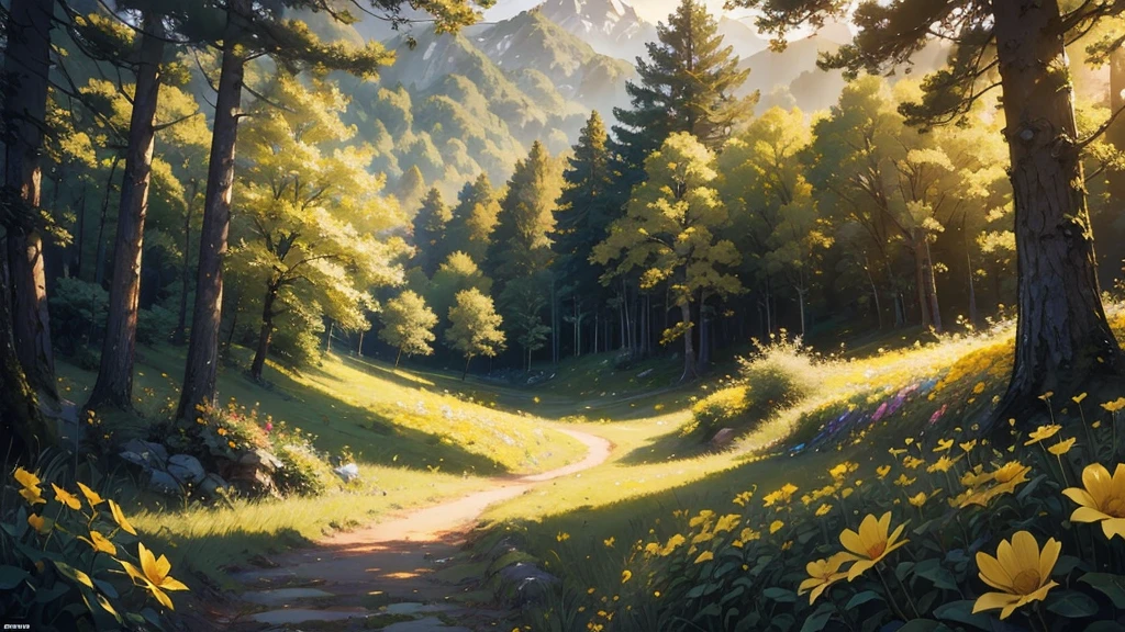 ((masterpiece)),((highest quality)),((high detail)),nobody, fantastic scenery, sunny, yellow light, wideShot, summer, forest, flower