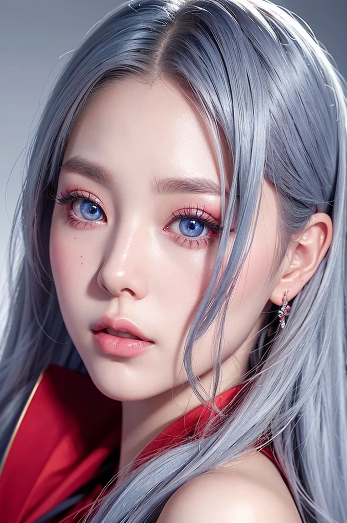 Close-up of a woman with long blue-gray hair wearing a red dress, portrait of an ethereal Korean character with big blue eyes, long, expressive eyelashes, and small, pink lips. Inspired by Artgerm's artistic style, with shiny, translucent skin that conveys a mix of realism and fantasy. Detailed rendering focusing on delicate and serene features, evoking a sense of almost otherworldly beauty.