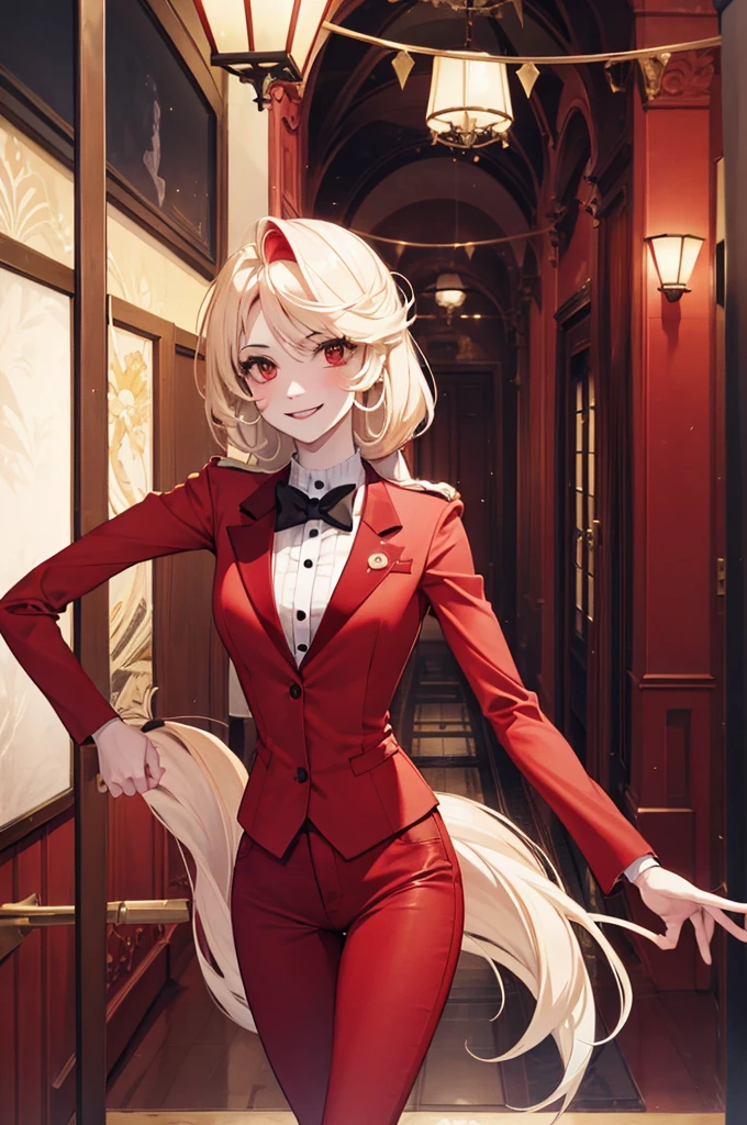 Charlie Morningstar, by the wide, Red suit, Red pants, 1 girl, yellow sclera, by rubio, White skin, perfect anatomy, smiling