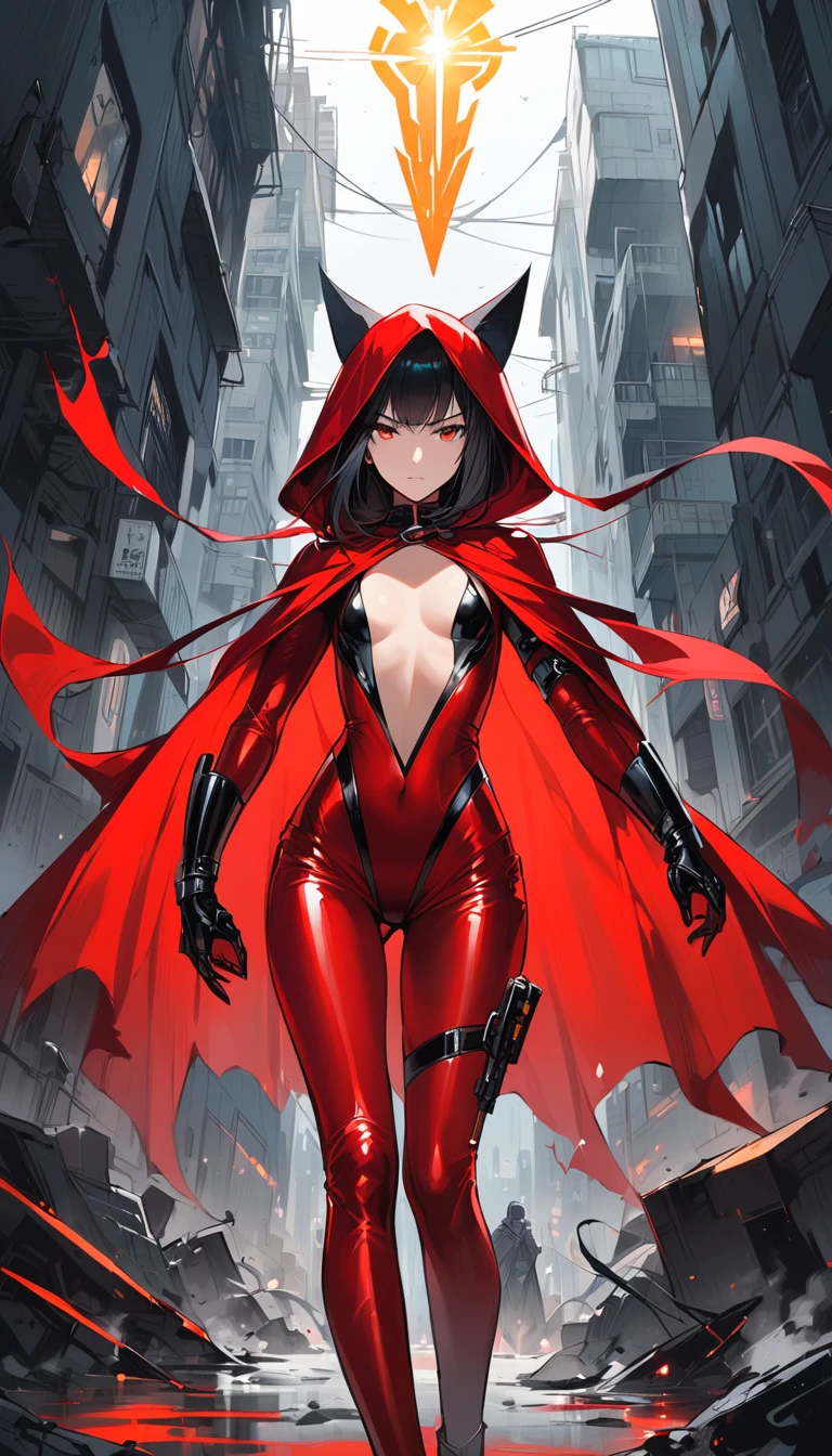 Create an image of an adult Red Riding Hood superhero who is vigilantly patrolling the crime-infested streets of a dark and dangerous city. She is a (((femboy))) wears a sleek, modernized version of the classic red hooded cape, but it's now a form-fitting, crimson latex outfit with black accents. Her costume features elements of both strength and grace, with a touch of yellow to symbolize hope and determination. She's armed with domination gadgets and is seen confidently navigating the gritty urban landscape, her presence a beacon of justice in the midst of chaos. (((sexy))). ((((flat chest)))) action pose, dynamic angle