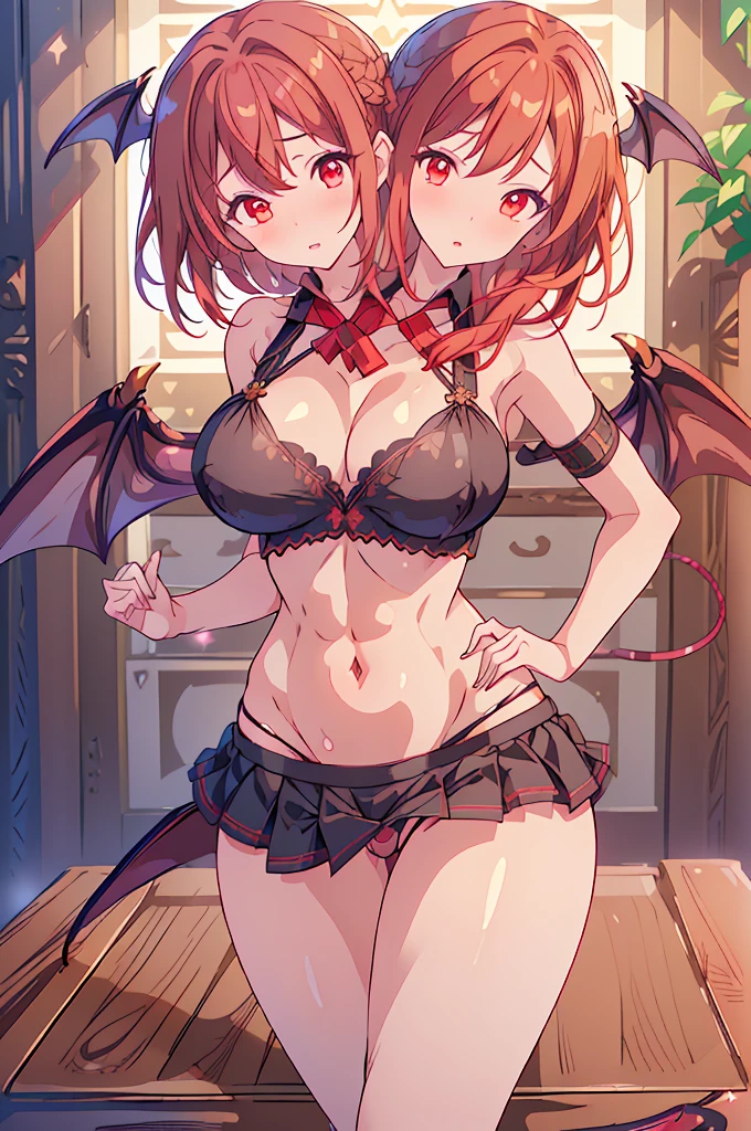 (masterpiece, best quality),best quality, (ultra-detailed), ((3heads:1.5)), 1girl, (koakuma:1.3), masterpiece, best quality, ultra quality, ultra resolution, ultra detail, white and black top, crop top, ((stomach)), midriff, ((groin)), black skirt, normal ears, shackles, red hair, (redhead), very long hair, wavy hair, sidelocks, red eyes, parted lips, open belly, sweat, cute, toned belly, hand on own chest, eyelashes, (24 year old woman:1.3), (masterpiece:1.5), (best quality:1.5), (beautiful detailed), extremely detailed CG, extremely delicate and beautiful, depth of field, (finely detailed face), (perfect details:1.4), (mature female:1.3), wide pelvis, slender, large veiny breast, 16k resolution, highres, high quality, high definition, extremely detailed, masterpiece, red hair, long hair, alluring presence, braid, short skirt, close up, very big tits, huge tits, young, bat wings, demon girl, demon tail, demon wings, head wings, ((three headed girl)),