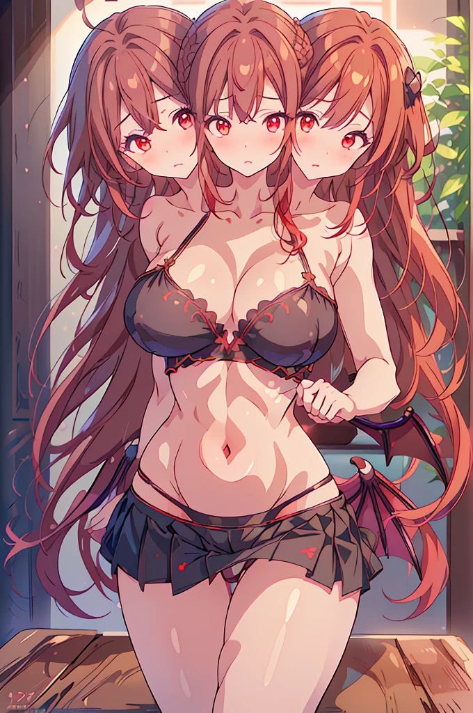(masterpiece, best quality),best quality, (ultra-detailed), ((3heads:1.5)), 1girl, (koakuma:1.3), masterpiece, best quality, ultra quality, ultra resolution, ultra detail, white and black top, crop top, ((stomach)), midriff, ((groin)), black skirt, normal ears, shackles, red hair, (redhead), very long hair, wavy hair, sidelocks, red eyes, parted lips, open belly, sweat, cute, toned belly, hand on own chest, eyelashes, (24 year old woman:1.3), (masterpiece:1.5), (best quality:1.5), (beautiful detailed), extremely detailed CG, extremely delicate and beautiful, depth of field, (finely detailed face), (perfect details:1.4), (mature female:1.3), wide pelvis, slender, large veiny breast, 16k resolution, highres, high quality, high definition, extremely detailed, masterpiece, red hair, long hair, alluring presence, braid, short skirt, close up, very big tits, huge tits, young, bat wings, demon girl, demon tail, demon wings, head wings, ((three headed girl)),