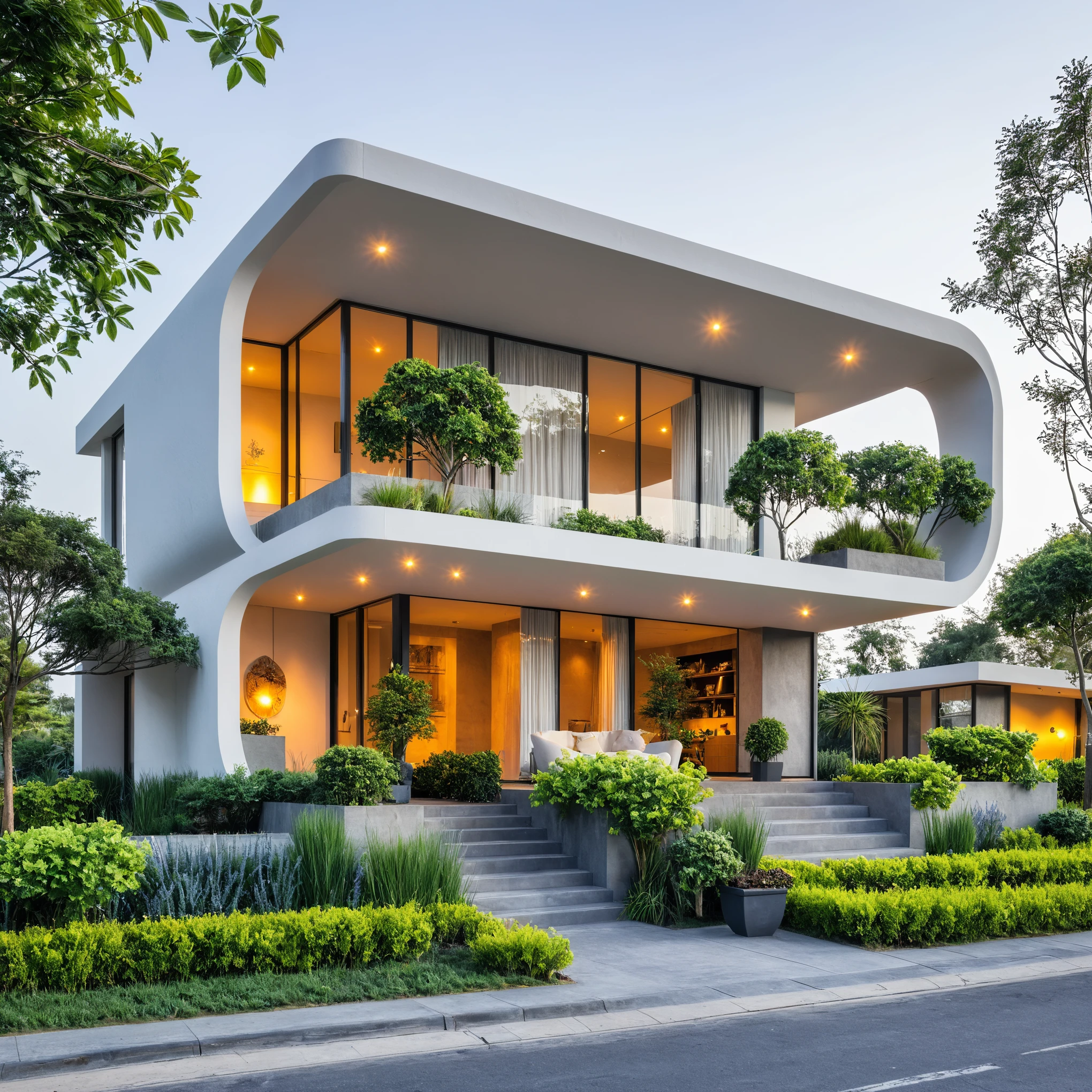 Boss of'ouvrages d'art, high quality, best quality, authentique, Great detail, En plein air, plain-piedVilla XL, groupe, style de maison moderne dans la rue ,stairs, white wall ,road,pavement, grass, trees, sky, clouds, (day light:1.1)