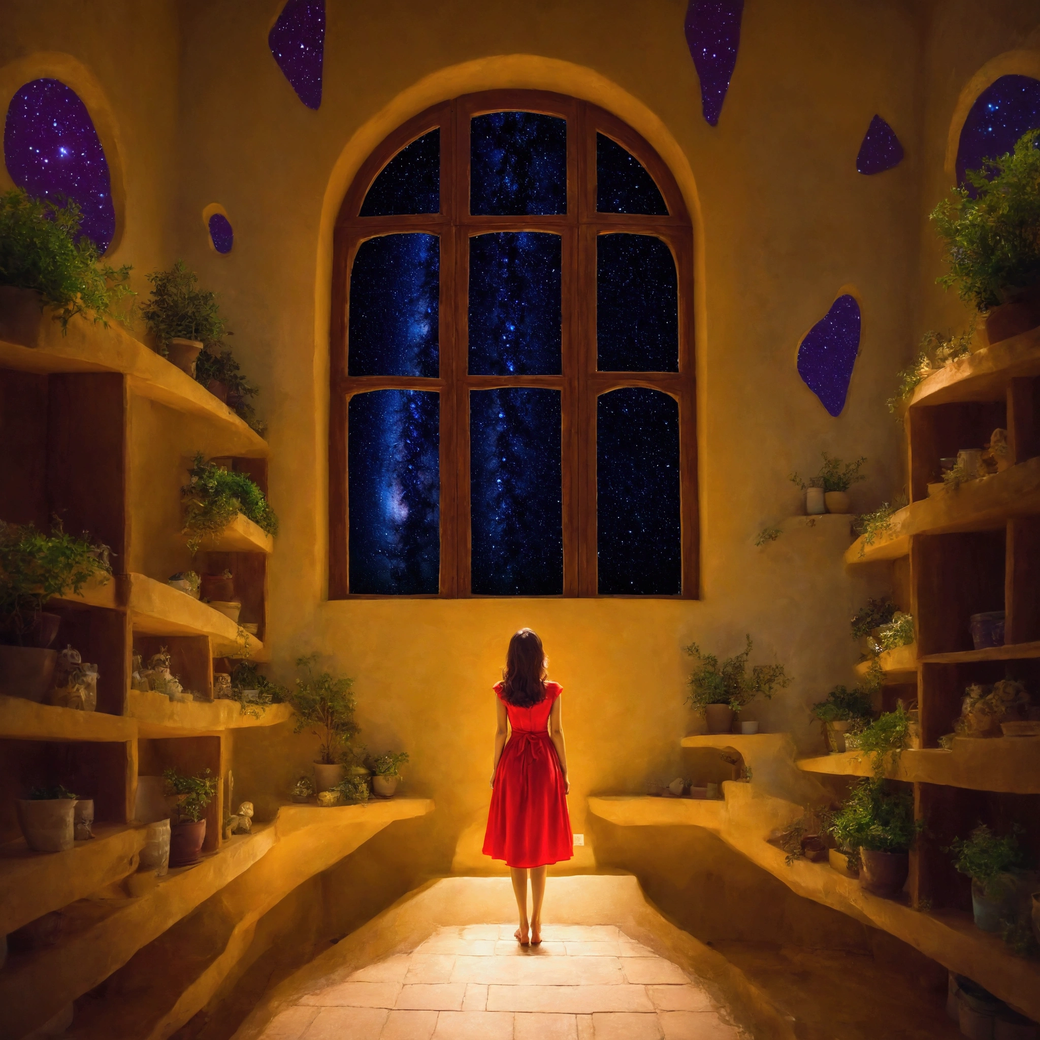 woman in red dress looking at the window of starry sky blue purple nights, Magic colors, anime style