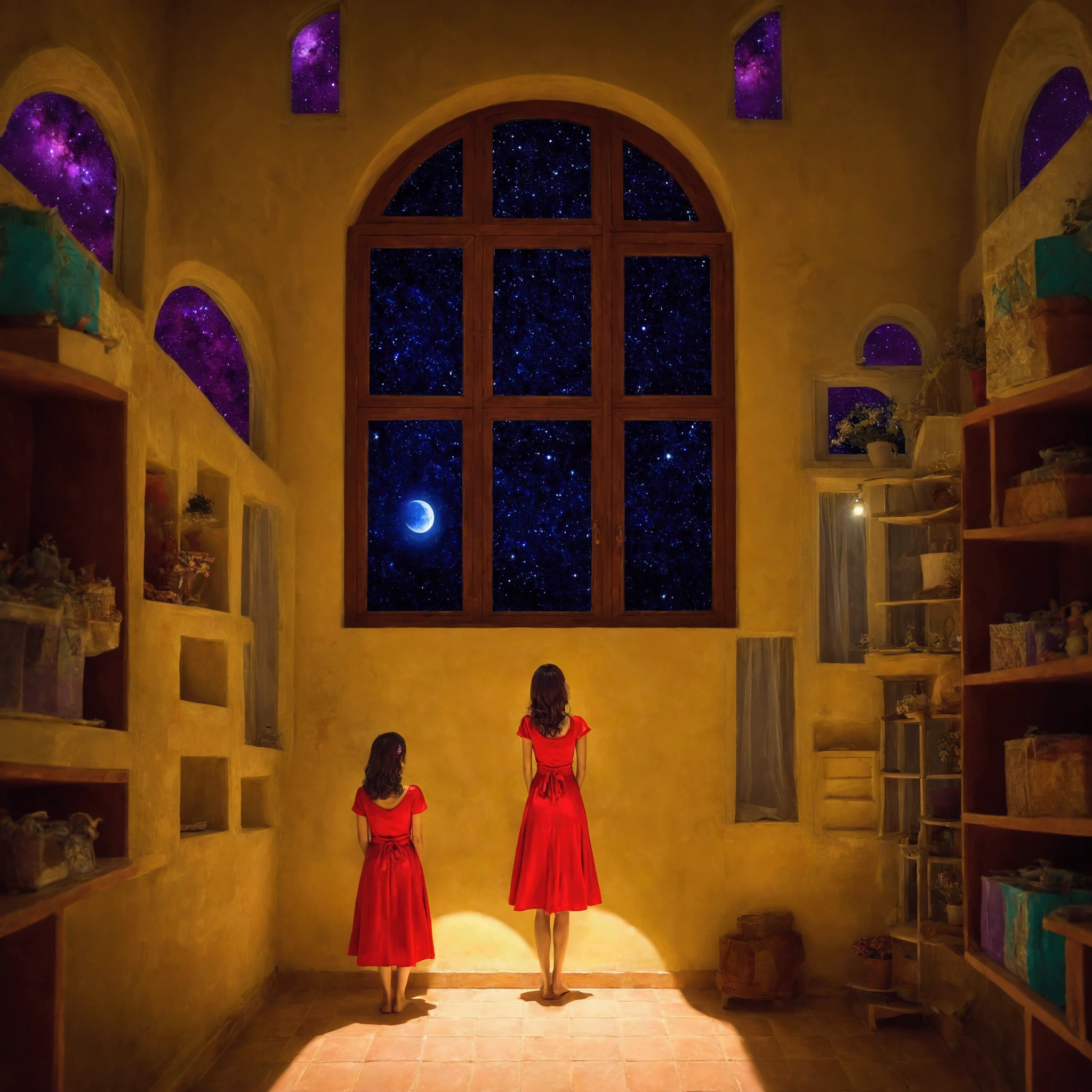 woman in red dress looking at the window of starry sky blue purple nights, Magic colors, anime style