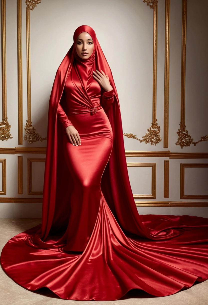 An alluring woman shrouded in a 4-meter-long, plush red satin cloth, tightly bound and grandly draping along the form of her body, flowing off into a pooled floor-length train, styled in a mermaid-inspired outfit, her head modestly veiled in a satin hijab, lie down in a satin sheet, a full-body pose conveying a sense of mysterious elegance, captured in a 4k resolution, ultra-realistic