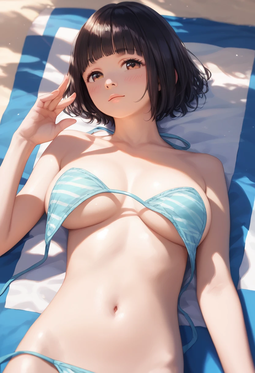 high quality, detailed, Realistic, (one  japanese boy), (detailed black eyes), (shiny skin), detailed nipples, black hair, (black tiny thong), (erected bulge), summer beach, (smile:0.7), close up face, laying, sweat,