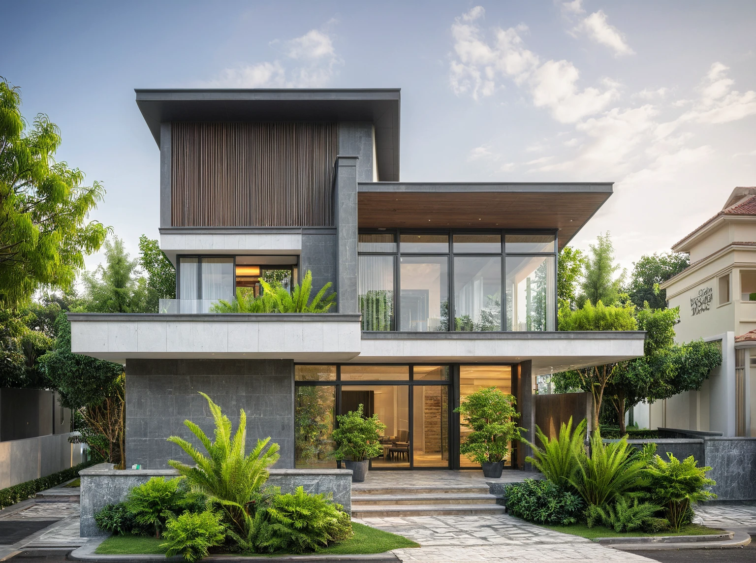 modern villa on street, (daylight), tropical tree, green shrub and plants, vivid color, streetcapes, minimalist design, brigth grey tone, large glass door, warm interior lighting, modern material, best quality, ultra realistic, masterpiece, 17ArchiAI_XL_VL-v1