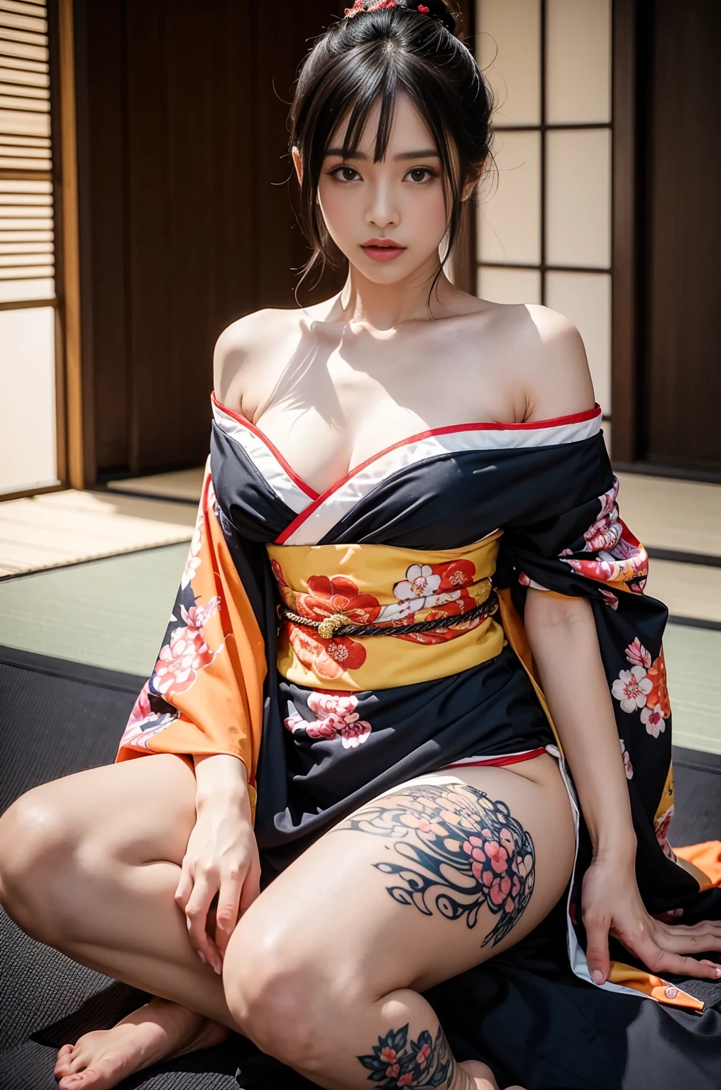 Browsing Caution,((Highest quality, 8k, masterpiece :1.3)),Beautiful geisha in kimono.Exposed shoulders • Wide shot, Full Body Tattoo_Chest tattoo .. On the tatamiに座っている. Shoji and Fusuma. In low light_snap shot, photograph, High resolution, 4K, 8k, Bokeh Background)) Mix 4, The 20th_Perfect touch. Long legs. Beautiful face texture. Eye details, Sharp Eyes.((Sweet Lips))Detailed tattoo skins. Slim Hips、Red kimono、Floral、Hollow、Open your legs to the left and right、Sit down scratching Hu、Nipples、(Facing forward),(sitting cross-leggedをかいて座る),((Show your crotch)),((Let your bangs hang naturally)),((Straight black hair)),((Dimly lit room)),((On the tatami)),((Glare)),((sitting cross-legged)),((Dark eyeliner)),((Thin lips)),((Tattoos all over the body)),((tattoo)),