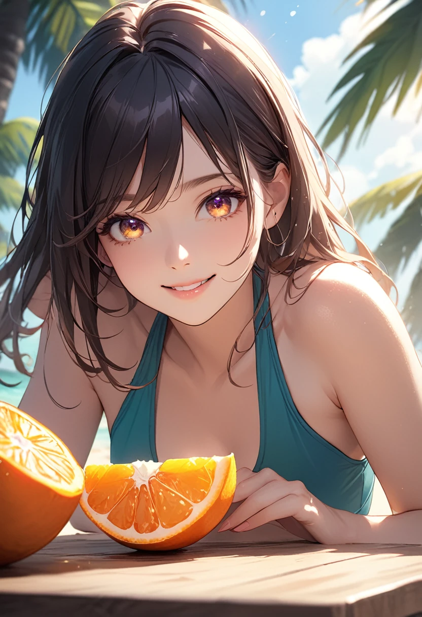 (masterpiece:1.5),(Beet quality),(High resolution),1 girl solo,Beautiful Face,smile(Shining Eyes),Upper Body,Light effects,Woman in tankini,Tropical Beach,Cut oranges on the table