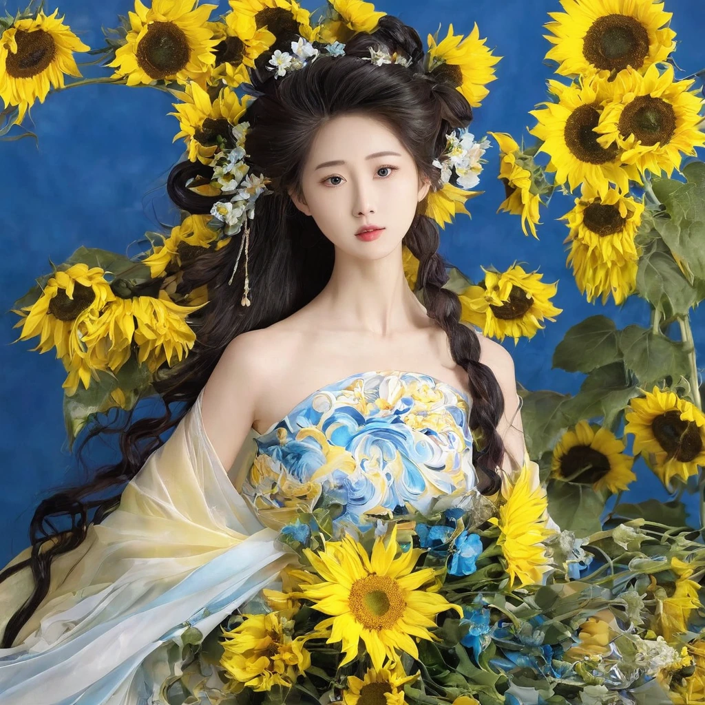 sunflower花田,20 years old,full of sunshine,splendid,sunflower女神(oriental goddess),Large Breasts,Long hair in a ponytail,sunflower長身裙, hand basket,bouquet(sunflower),