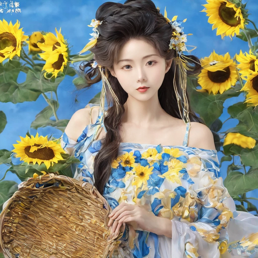 sunflower花田,20 years old,full of sunshine,splendid,sunflower女神(oriental goddess),Large Breasts,Long hair in a ponytail,sunflower長身裙, hand basket,bouquet(sunflower),